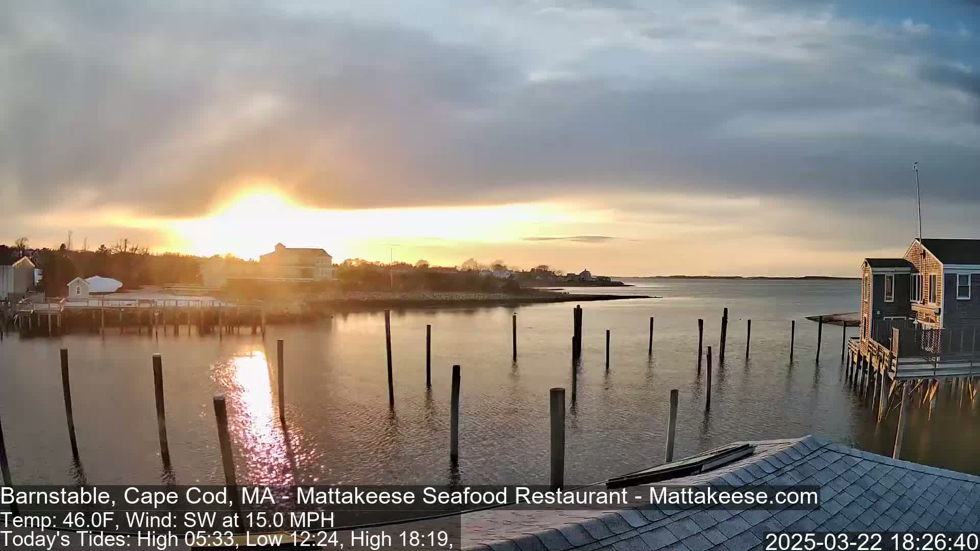 A calm body of water with pilings, buildings on the shore, and a sunset under partly cloudy skies.