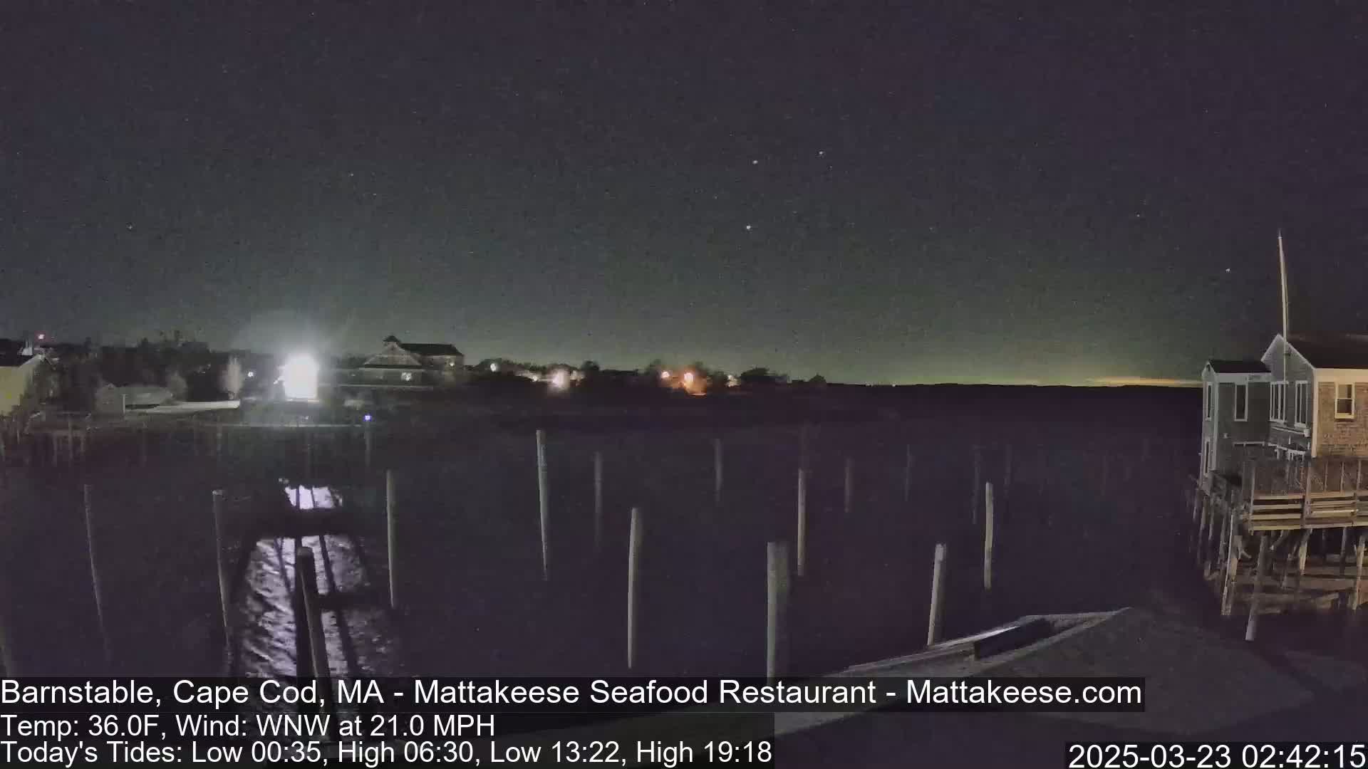 A nighttime view of a calm body of water with pilings and buildings along the shore under a starry sky.