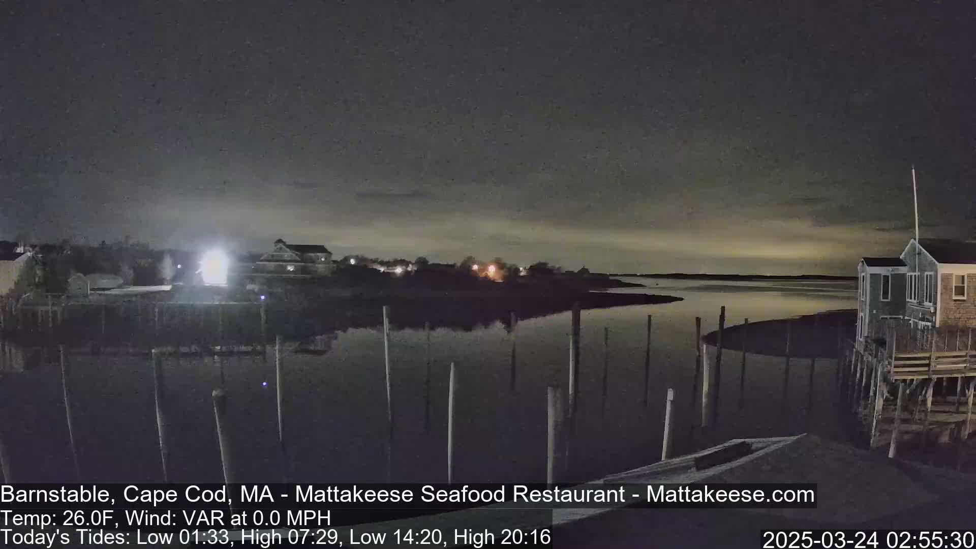 A nighttime view of a calm body of water with pilings extending into it, buildings along the shore, and a dark sky.