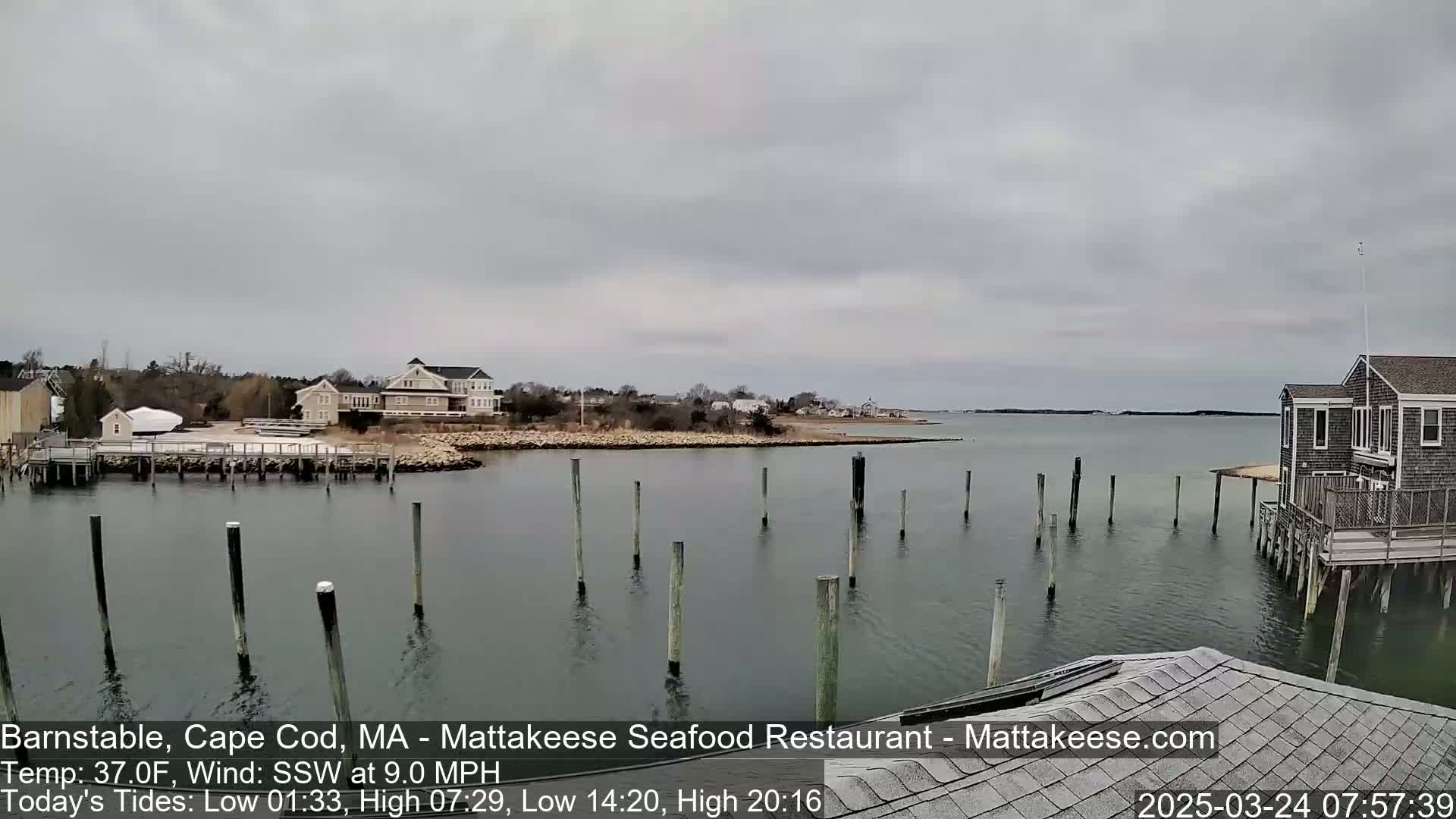A calm, overcast day shows a waterfront scene with several houses, a dock with pilings, and boats in the water.