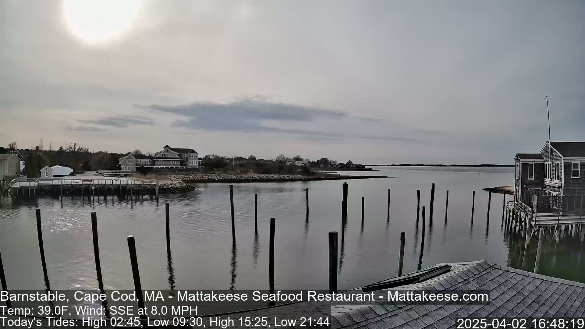 A calm body of water with a few houses and a dock on a partly cloudy day.