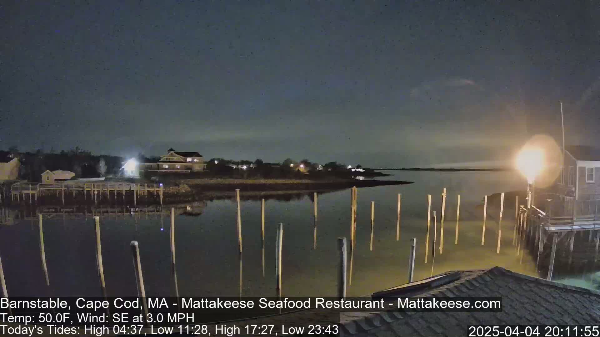 A nighttime view of a calm body of water with wooden pilings extending into it, lit by a bright light source and a few building lights along the shore under a dark, mostly clear sky.