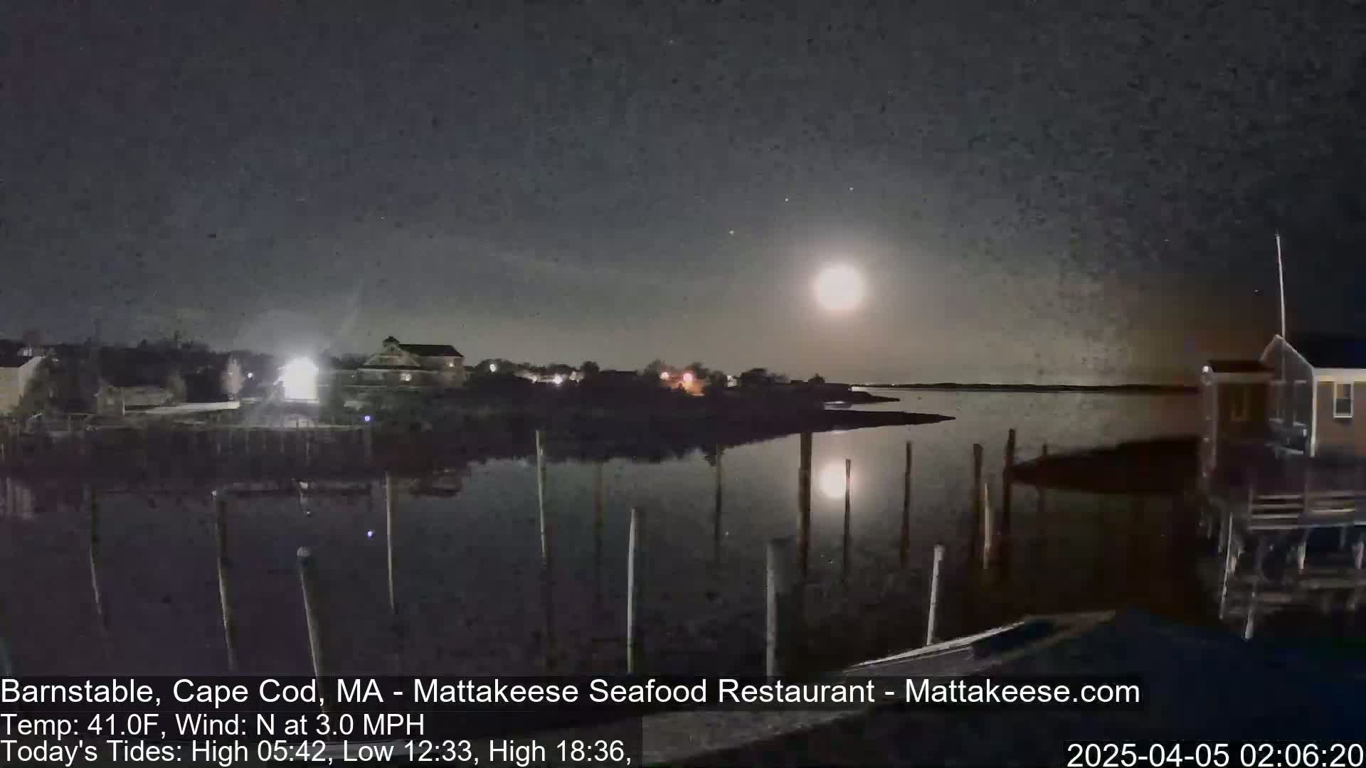 A nighttime view of a calm body of water with a bright moon in the sky, buildings along the shoreline, and pilings extending into the water.