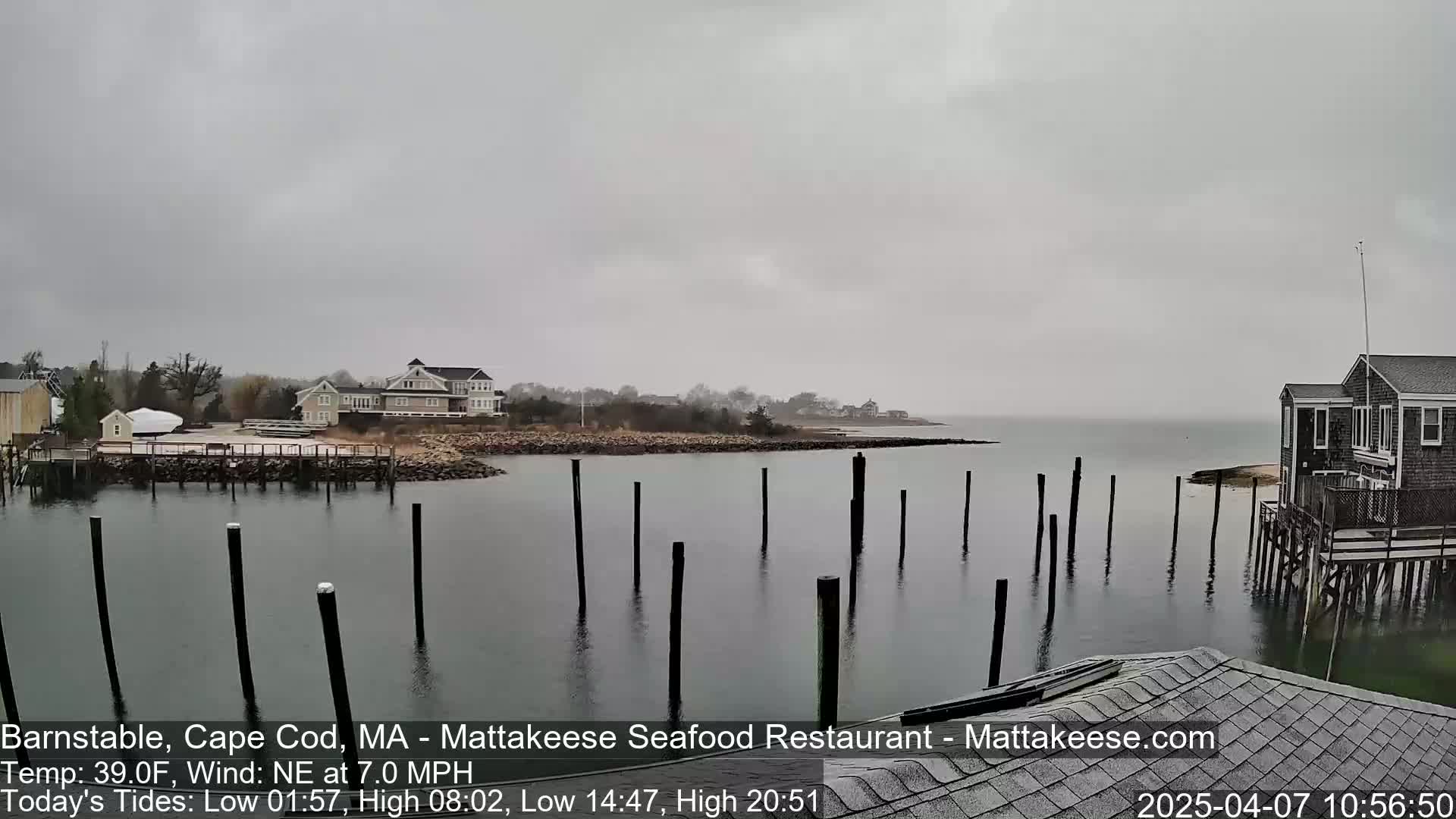 A gray, overcast day shows a calm body of water with wooden pilings extending into it, houses on the shore, and a small boat partially covered.