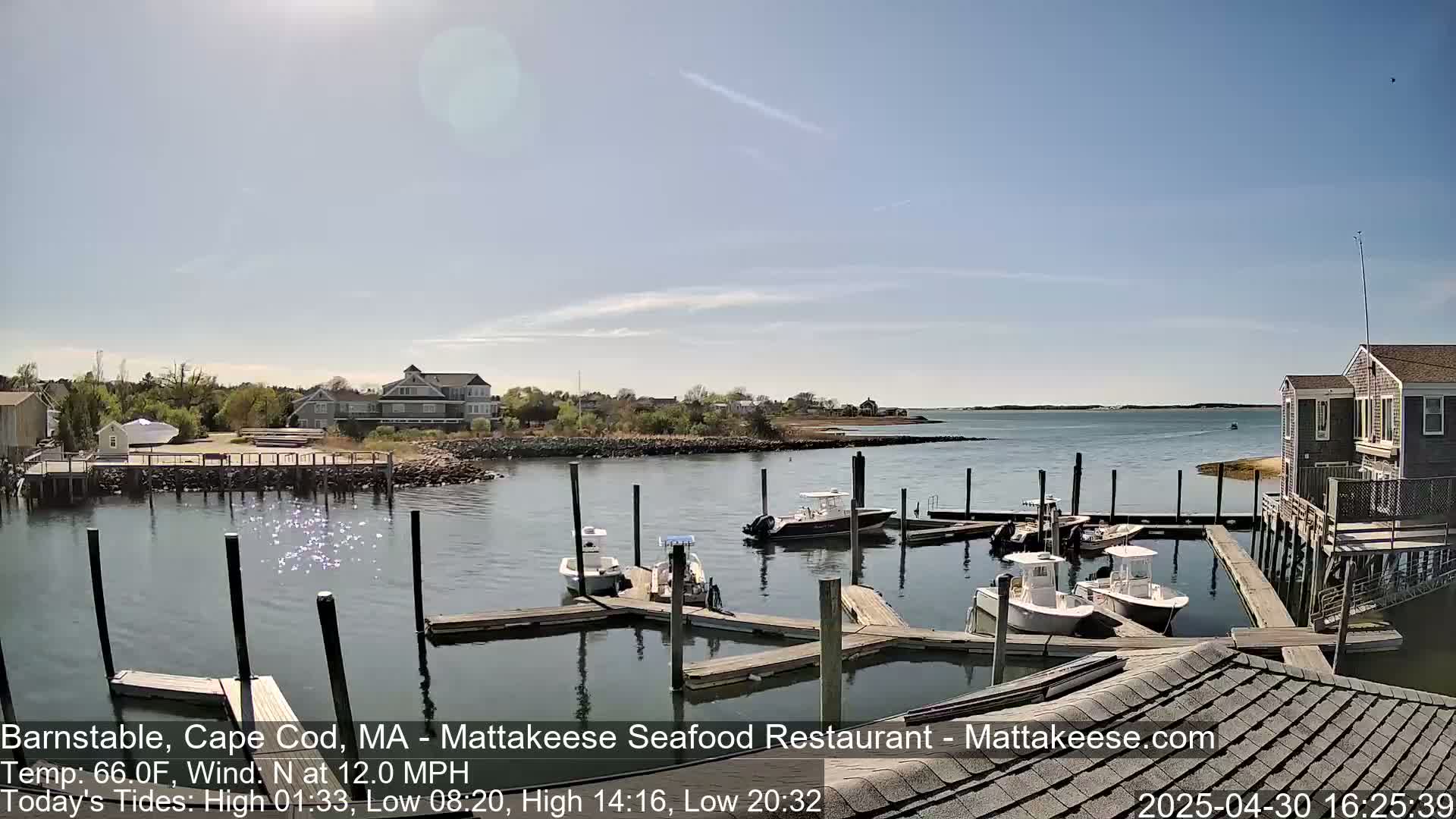 A sunny day shows a calm harbor with several boats docked at piers, near buildings and trees.