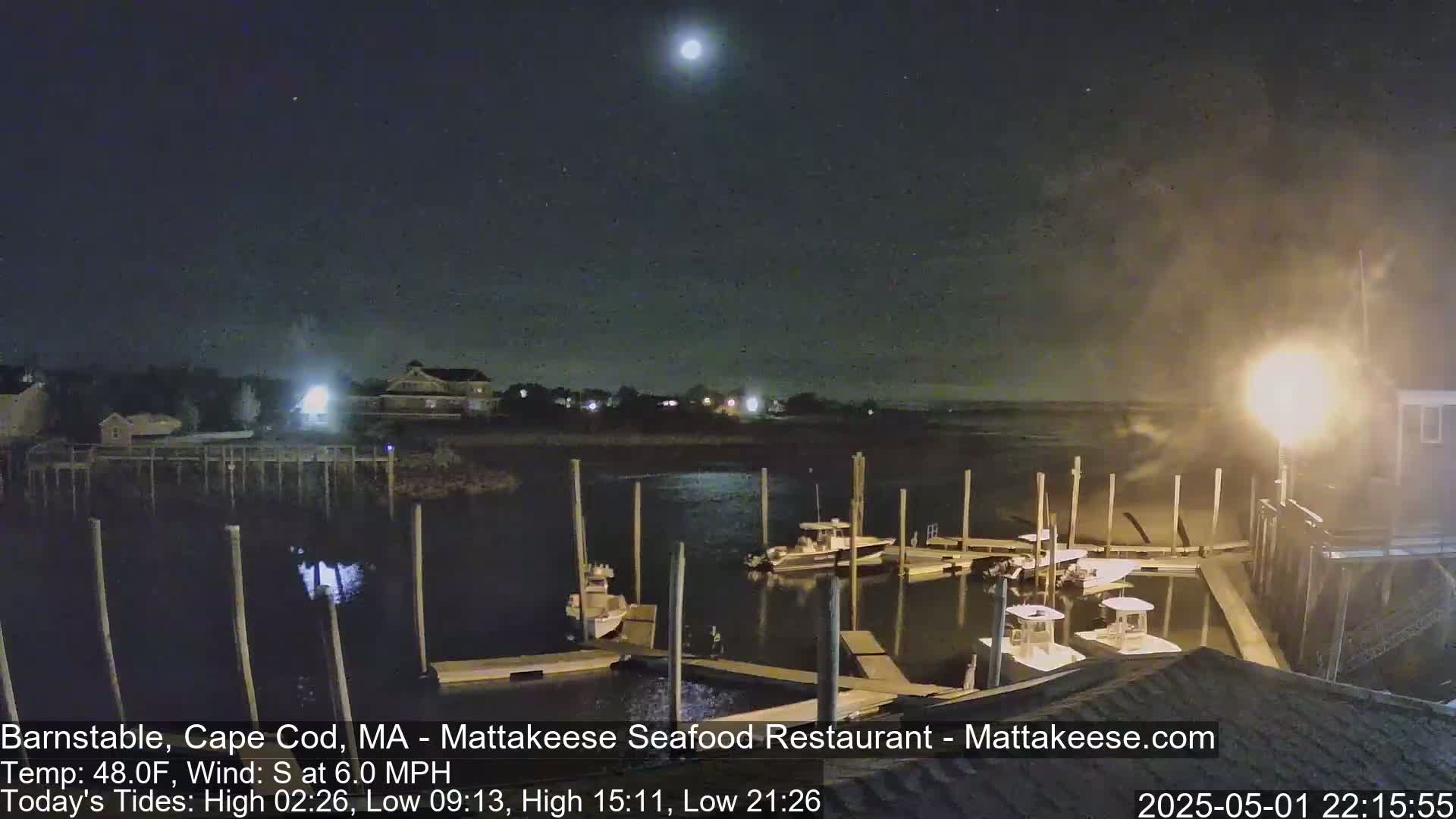 Under a bright moonlit night sky, several boats are moored at a dock beside a calm body of water.