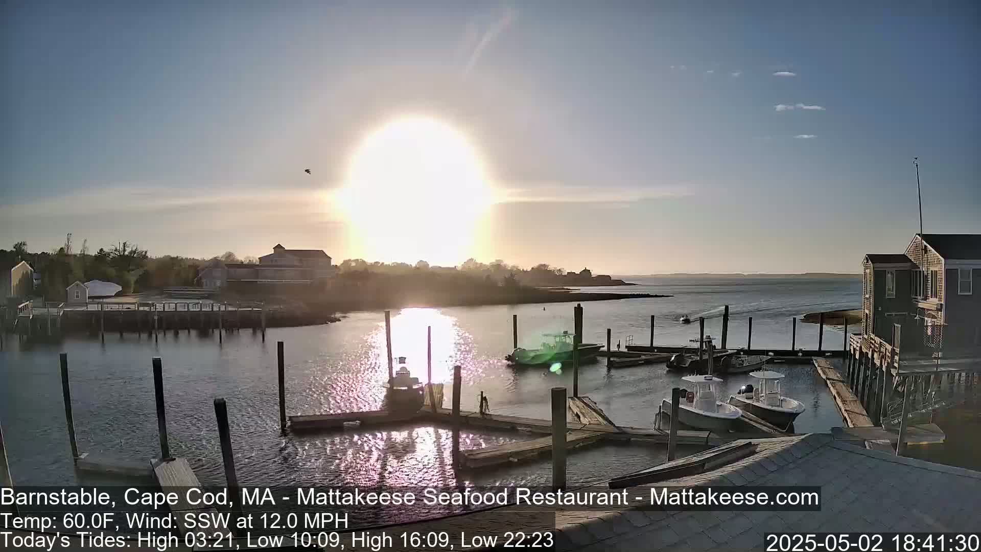 A calm harbor at sunset with several boats docked, surrounded by buildings and trees under a clear, bright sky.