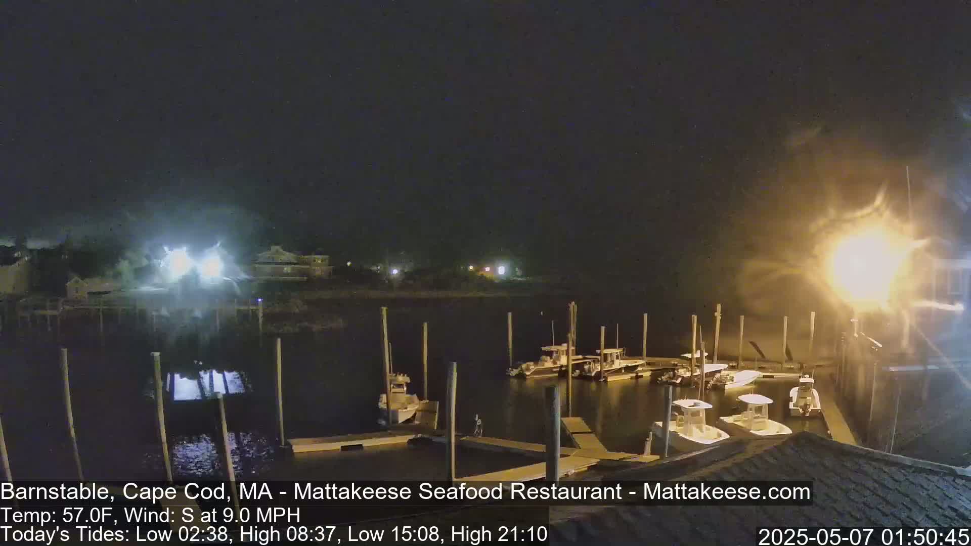 A nighttime view of a marina with several boats docked under a dark, windy sky.