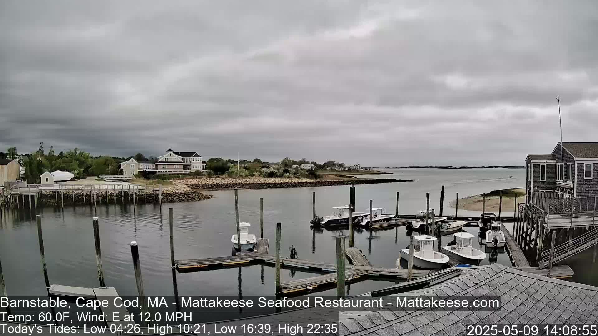 A harbor with several boats docked at piers under an overcast sky.