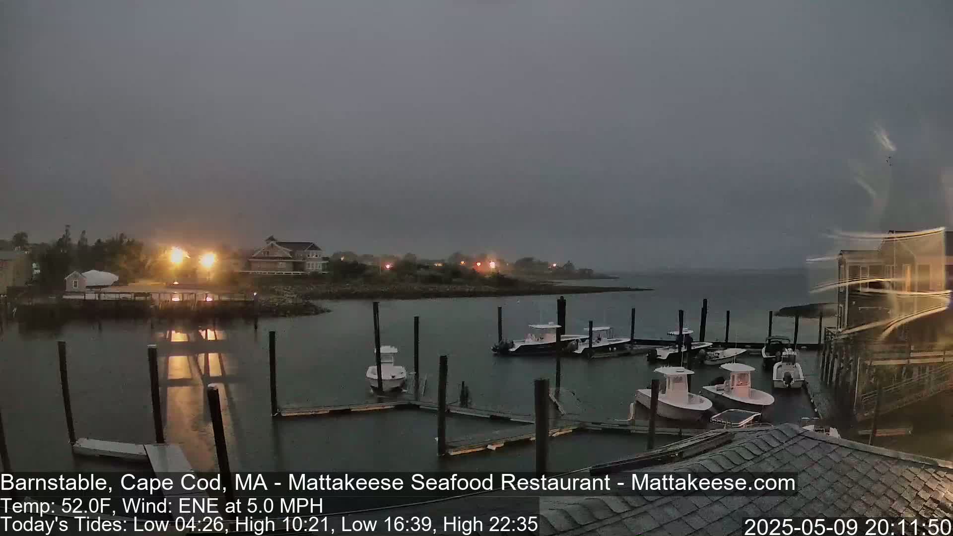 Several boats are moored at a dock in a calm body of water under an overcast sky.
