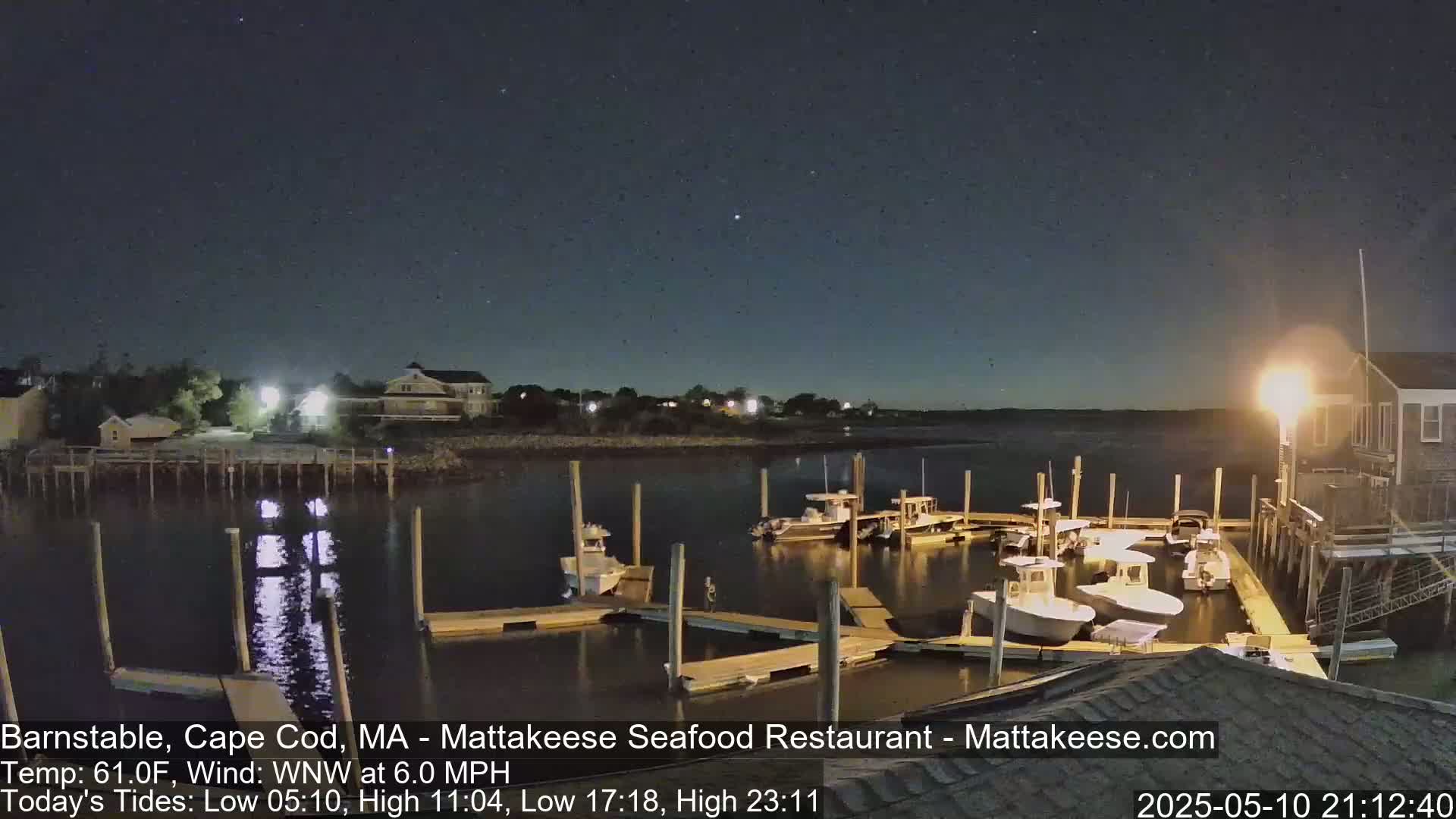 Several boats are docked at a marina at night under a clear, starry sky.