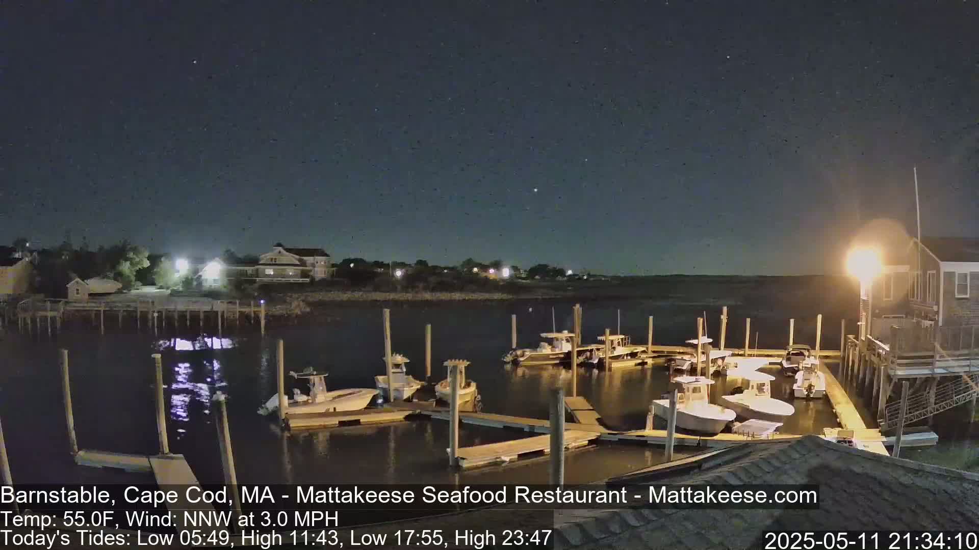Several boats are moored at a dock at night under a clear, starry sky.