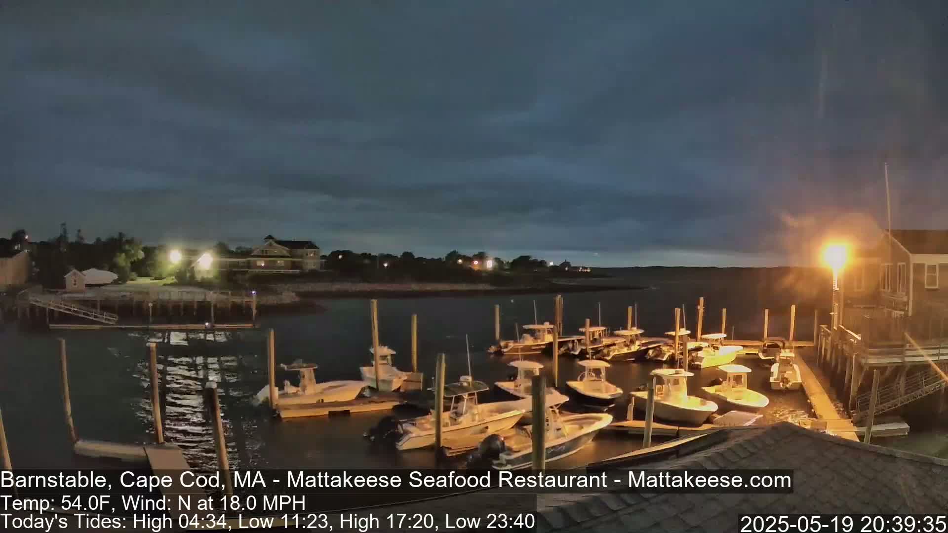 Many boats are docked at a marina under a dark, cloudy night sky.