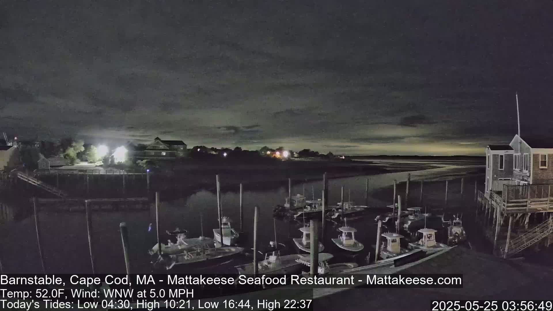 A nighttime view of a harbor filled with small boats docked under a dark, cloudy sky.
