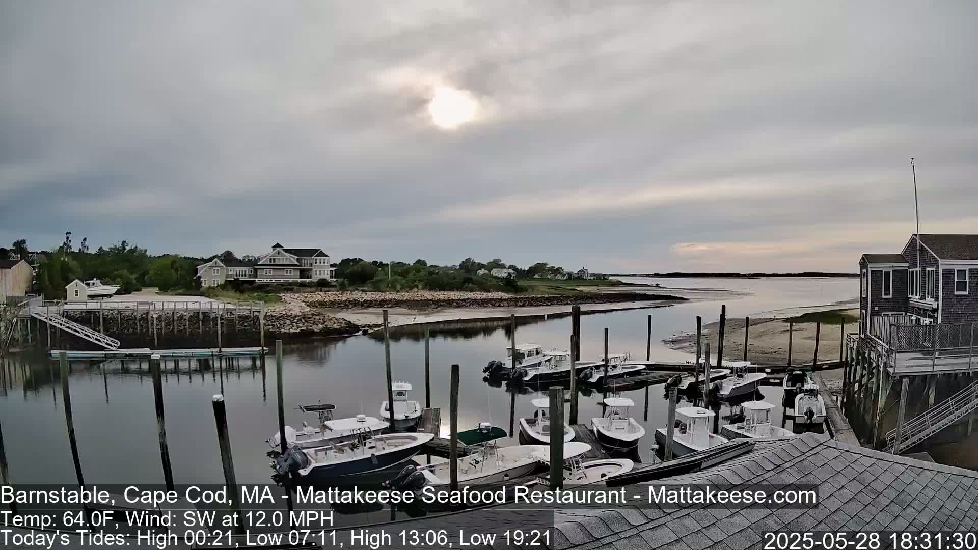 A calm, overcast day reveals a harbor filled with docked motorboats, situated near houses and a shoreline.