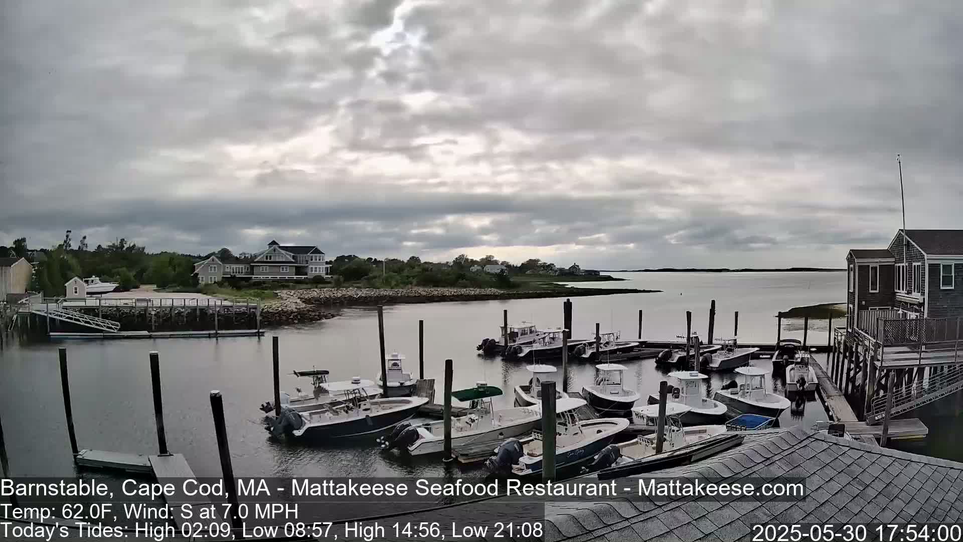 Numerous boats are docked at a marina under a cloudy sky.