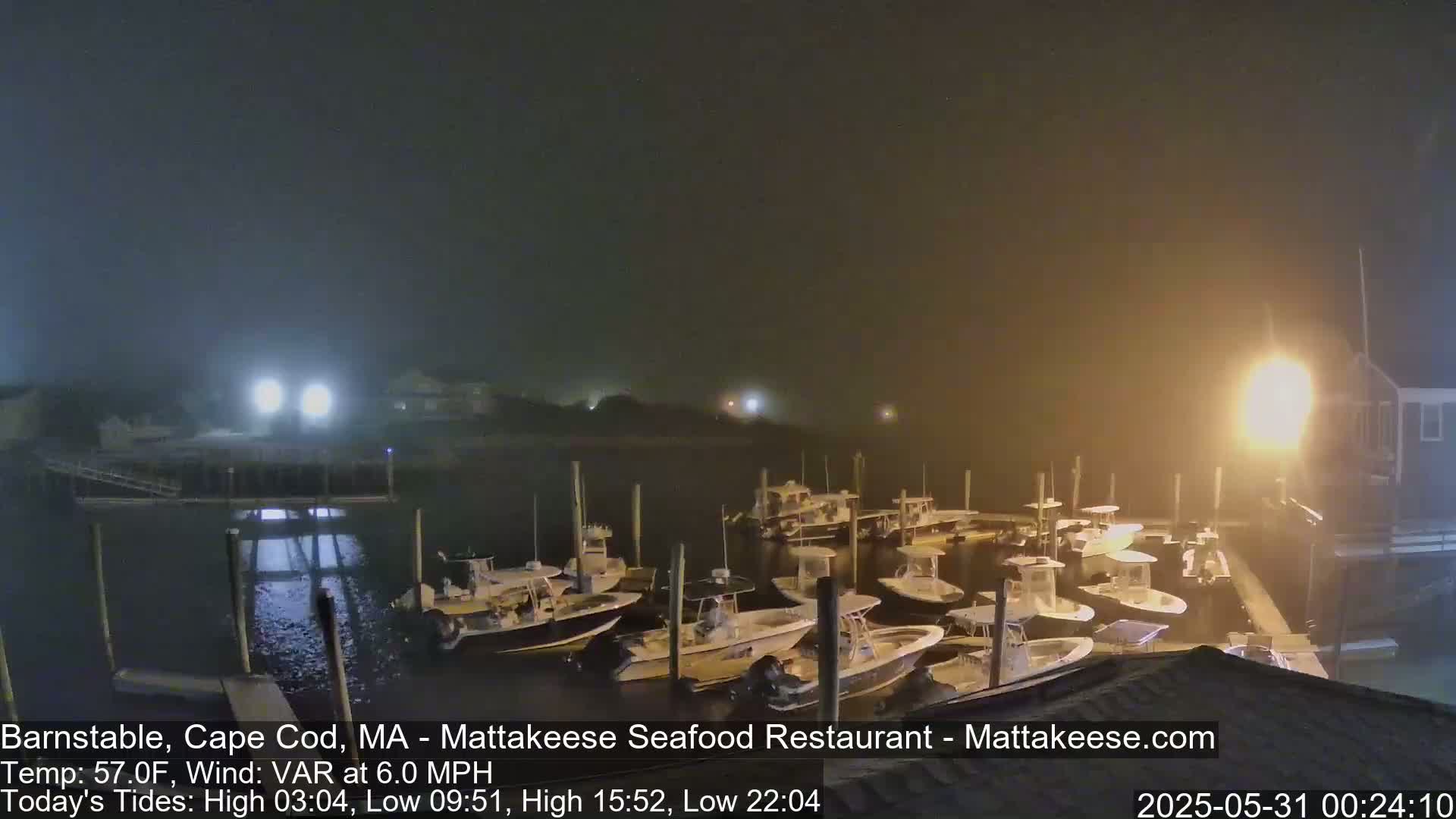 A foggy night scene shows a marina filled with numerous small boats docked at the water's edge under bright lights.
