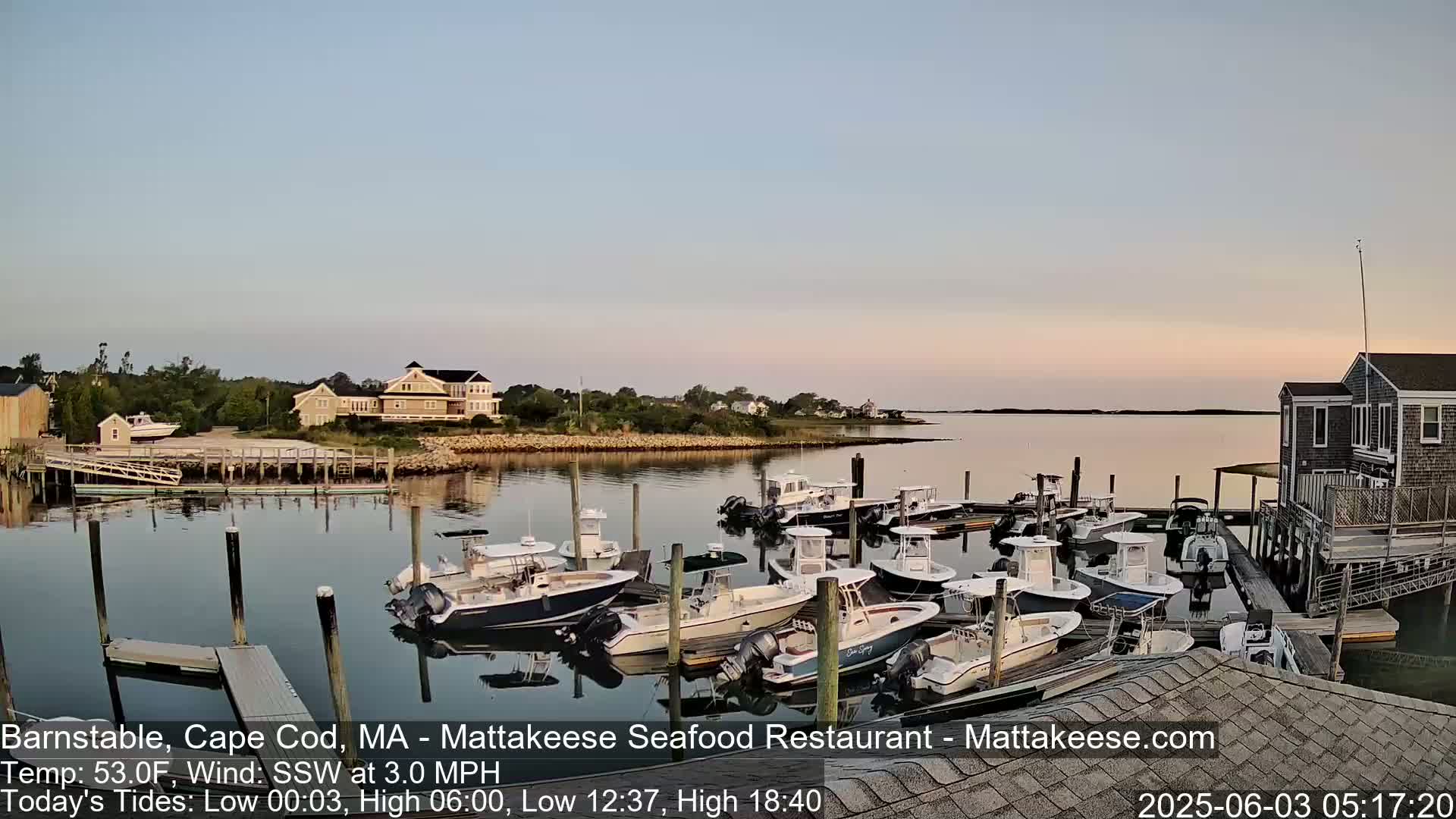 Many boats are docked at a marina, next to calm water under a twilight sky.
