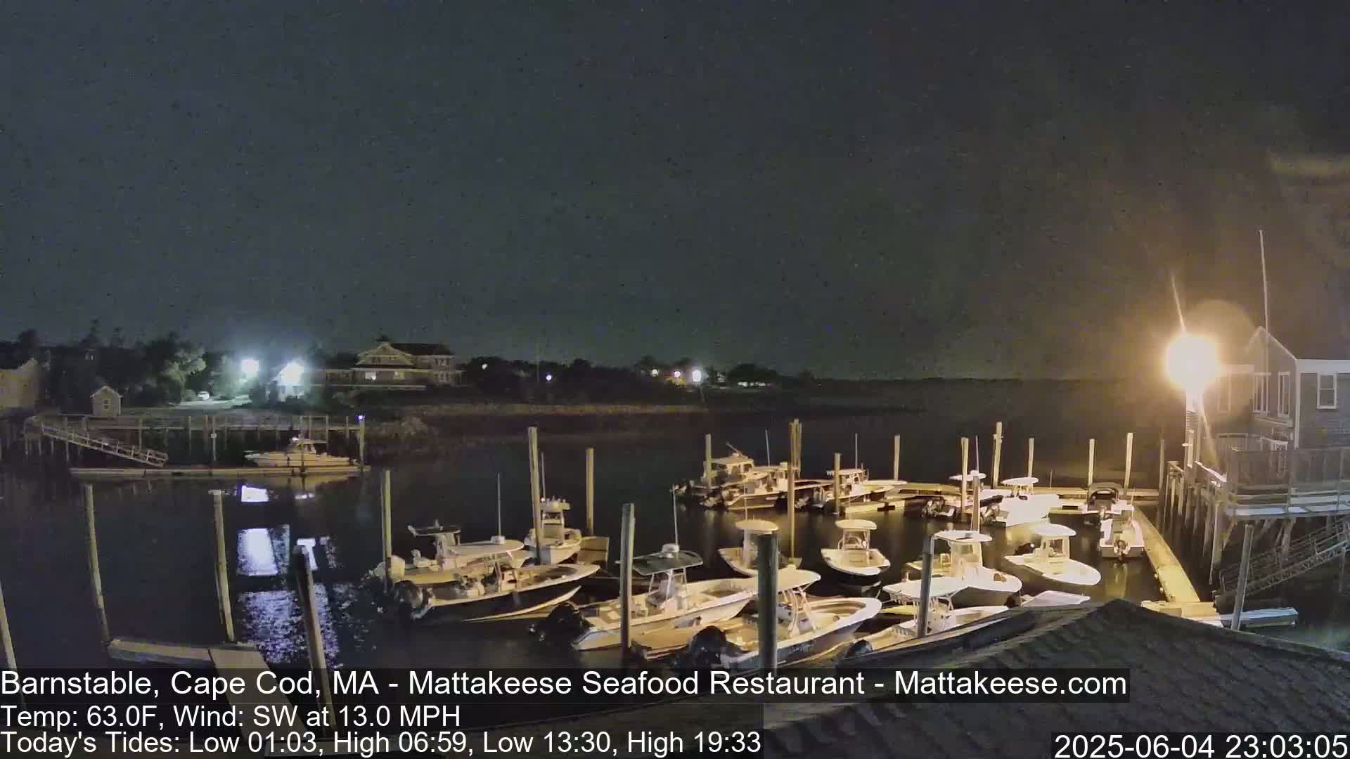 A nighttime view of a marina with numerous small boats docked, under a dark sky.