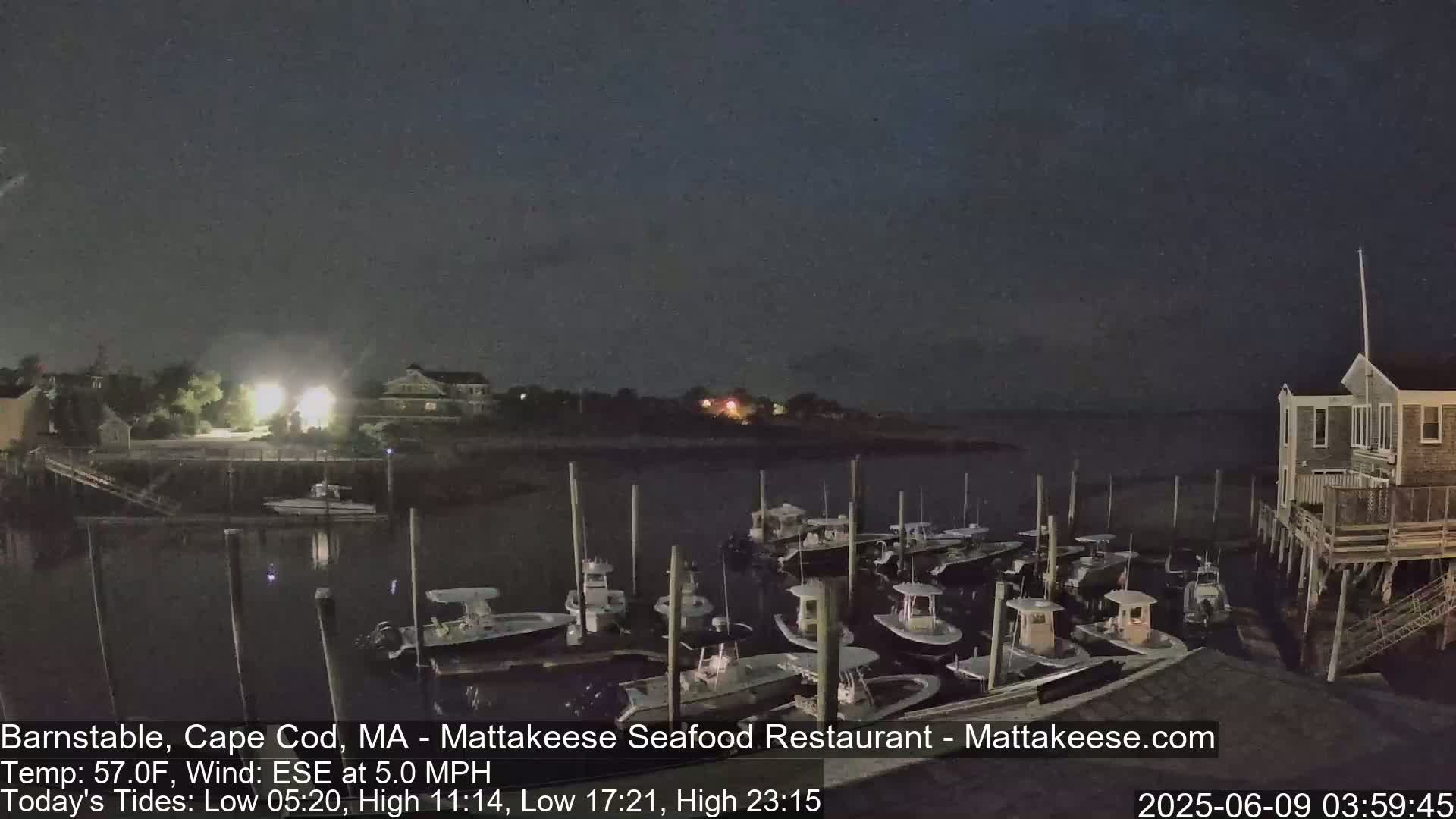 A nighttime view of a marina filled with docked boats, under a dark sky.