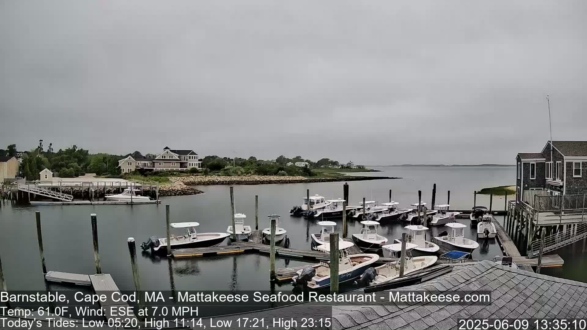 A calm, overcast day reveals a harbor filled with numerous small motorboats docked at piers, with houses and low-lying land visible in the background.