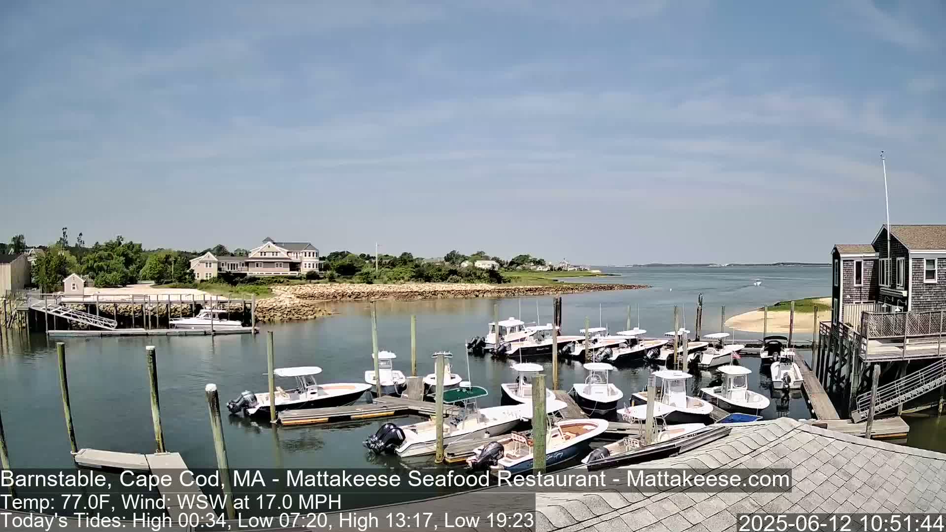 A sunny day shows a calm harbor with numerous boats docked at a marina, buildings, and green vegetation visible in the background.