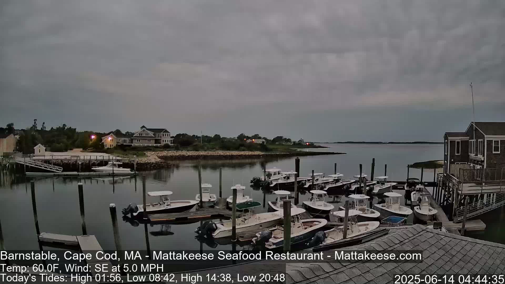 Many small motorboats are docked at a calm harbor under an overcast sky.