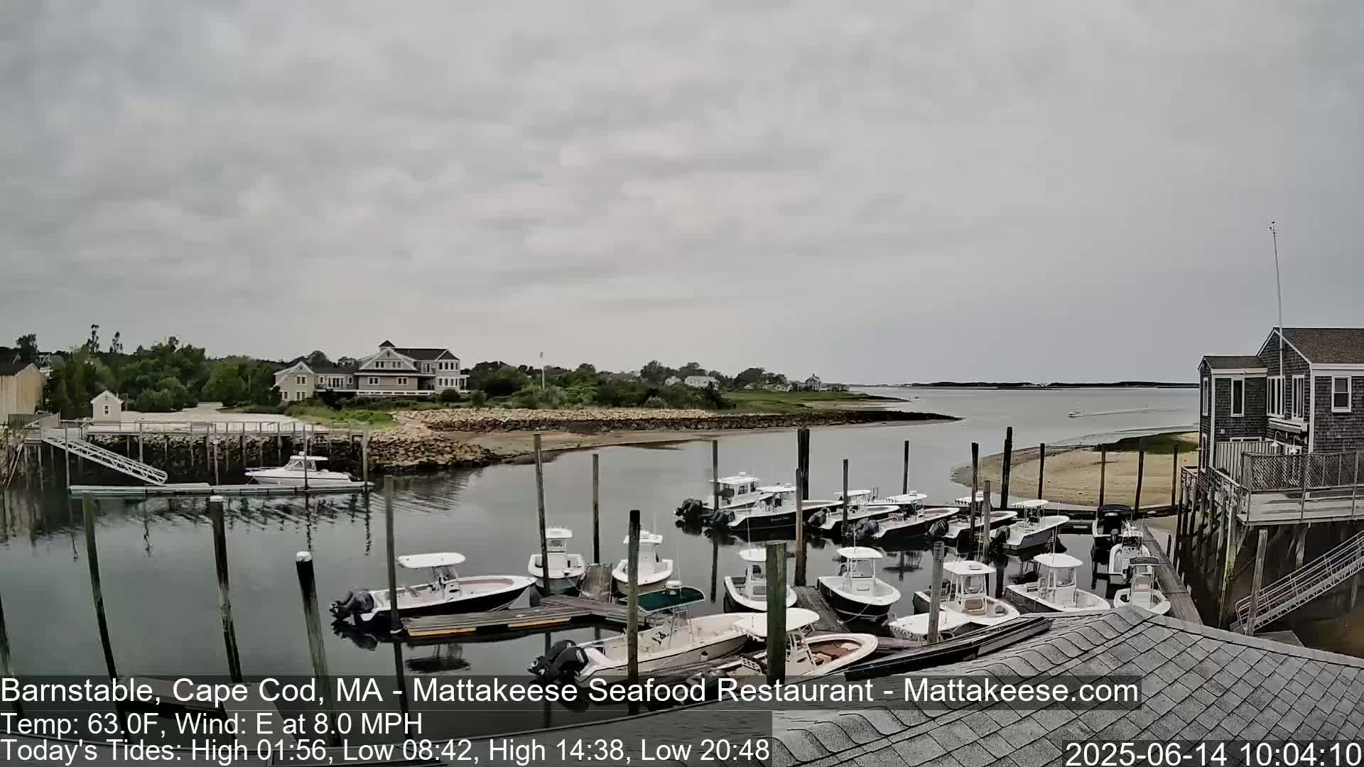 Many small motorboats are docked at a marina on a partly cloudy day, with houses and calm water visible in the background.
