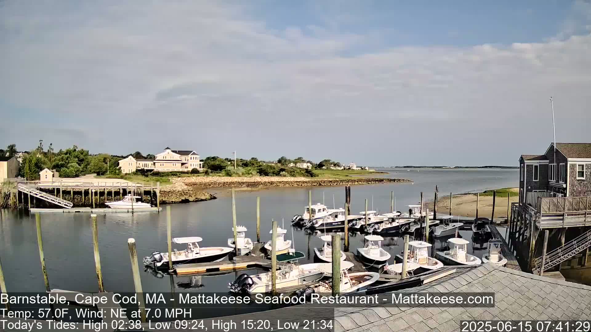 A mostly sunny day shows a calm harbor with numerous boats docked at a pier, near buildings and some greenery.