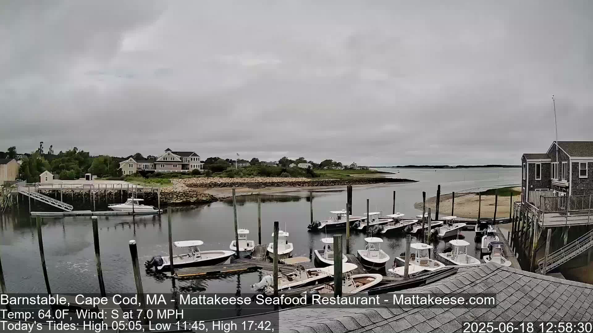 A calm harbor with numerous small motorboats docked, under an overcast sky.
