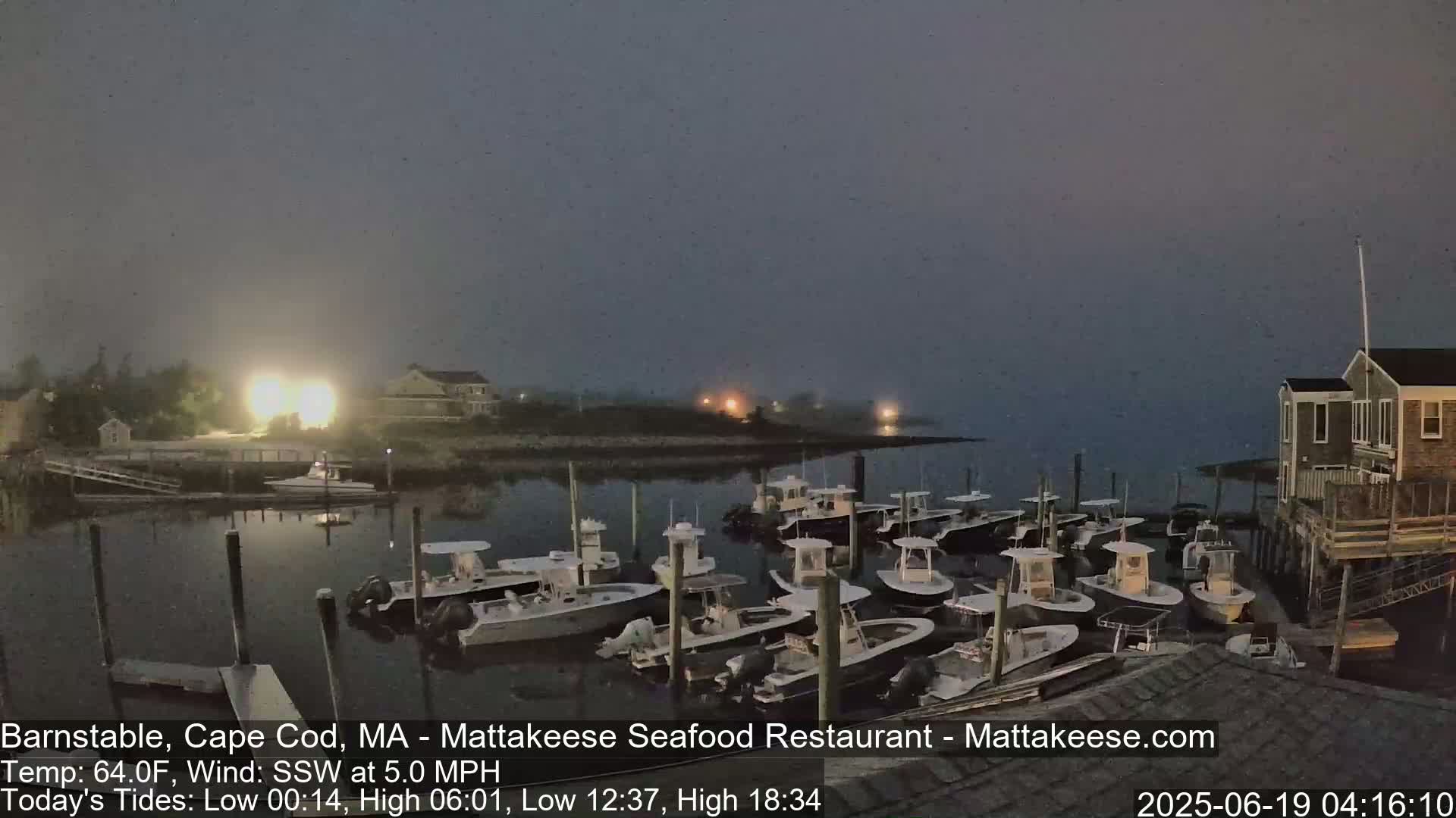 Many boats are docked at a waterfront location in foggy conditions at night.