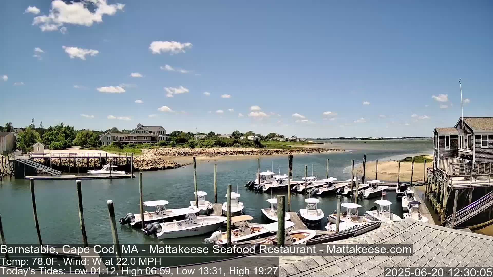 Many small motorboats are docked at a waterfront location on a partly sunny day with a strong west wind.