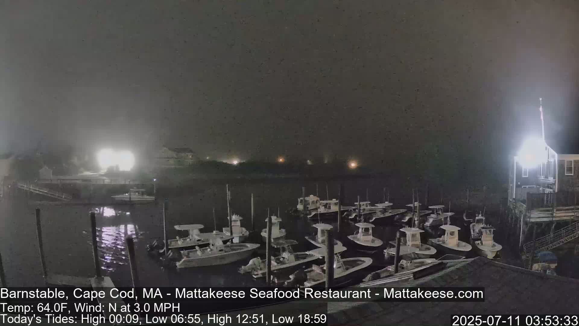 A nighttime harbor scene shows numerous small boats docked under a hazy, dark sky.