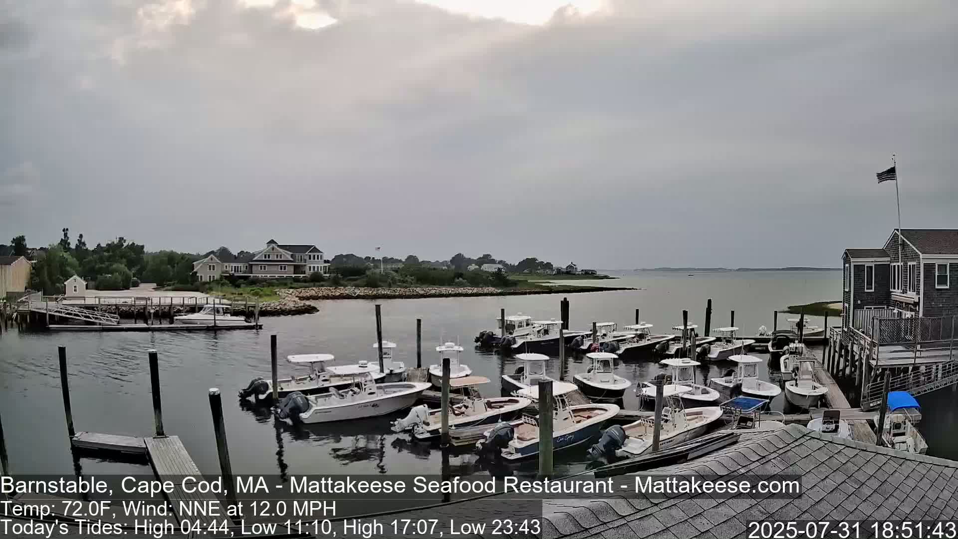 Numerous boats are docked at a marina on a cloudy day with a moderate wind.