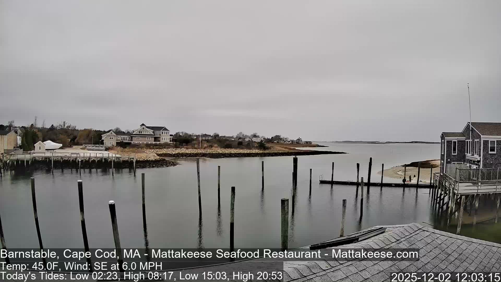 A calm body of water with numerous wooden pilings is surrounded by shoreline with houses, docks, and a sandy beach under an overcast sky.
