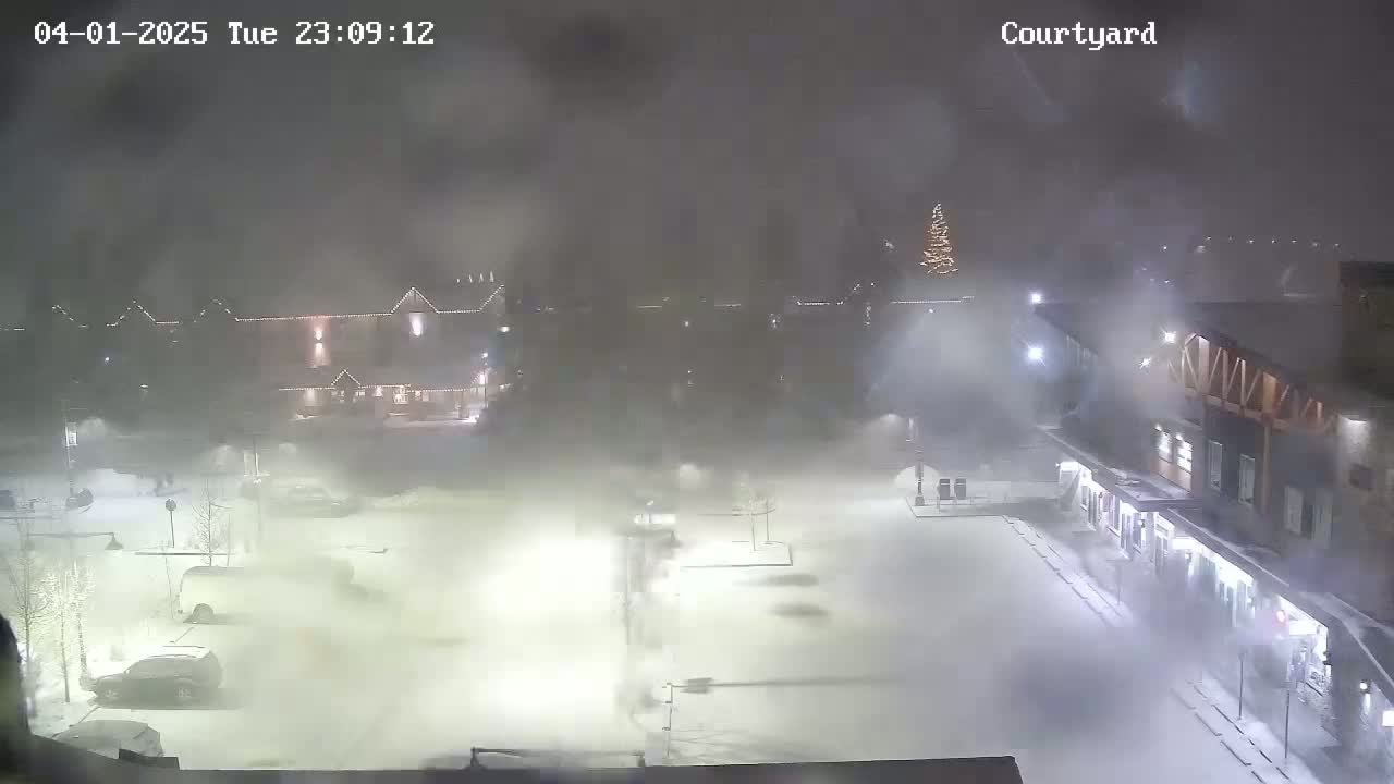 A snow-covered courtyard with buildings and a few cars is seen during a heavy nighttime snowstorm.