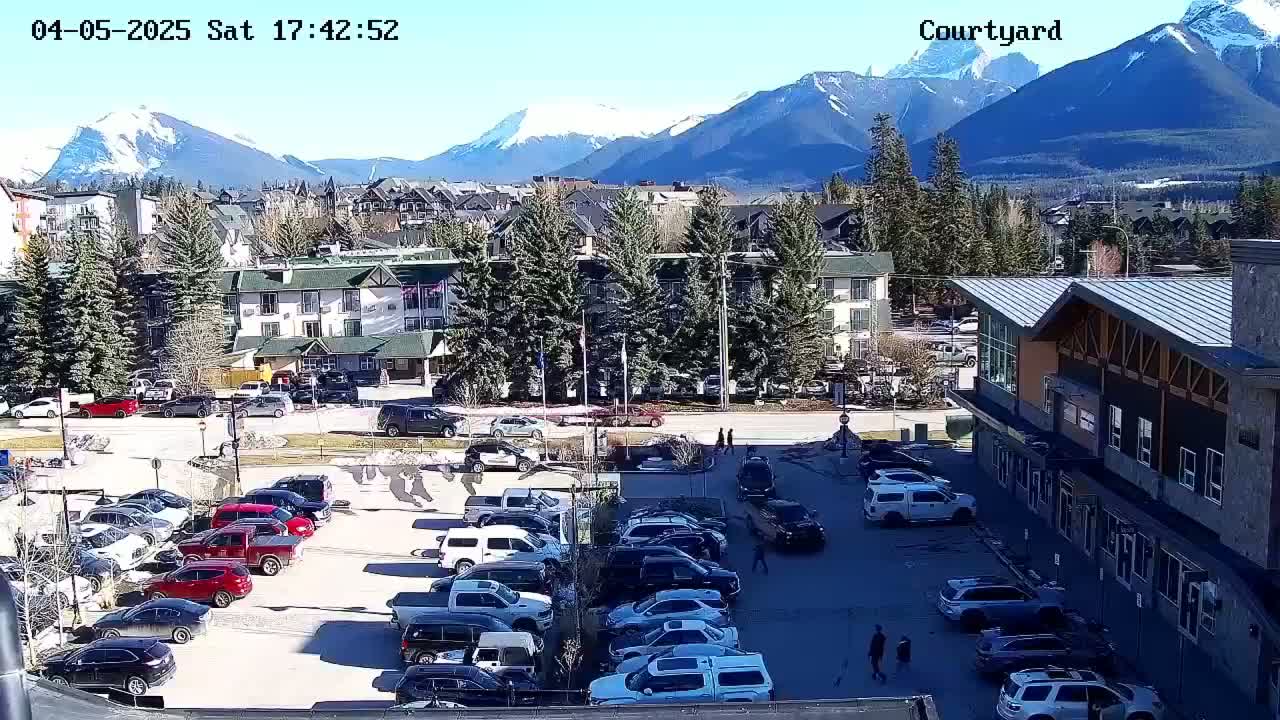 A sunny parking lot filled with cars is situated in front of buildings and trees, with snow-capped mountains in the background.