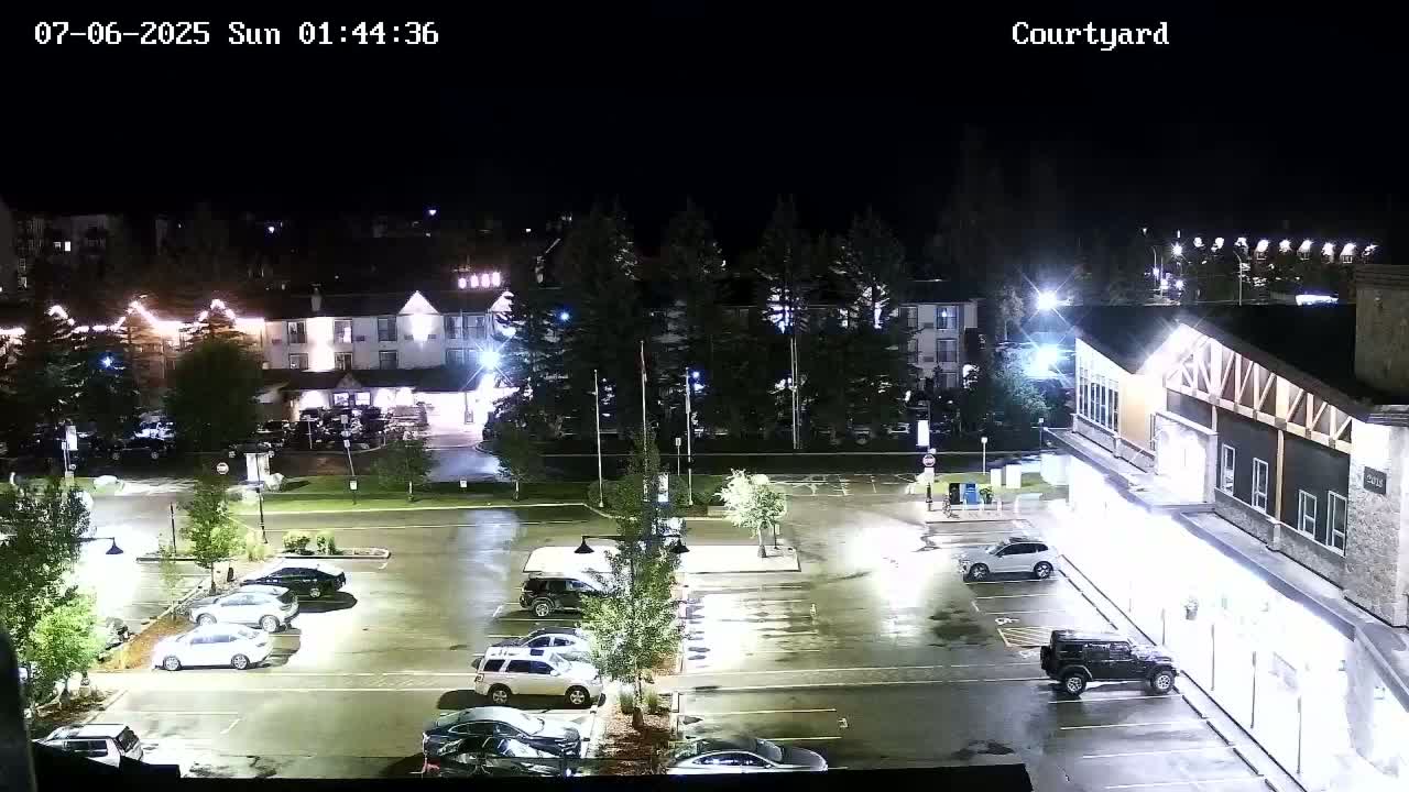 A wet, nighttime parking lot with several cars parked, next to a multi-story building and some trees.