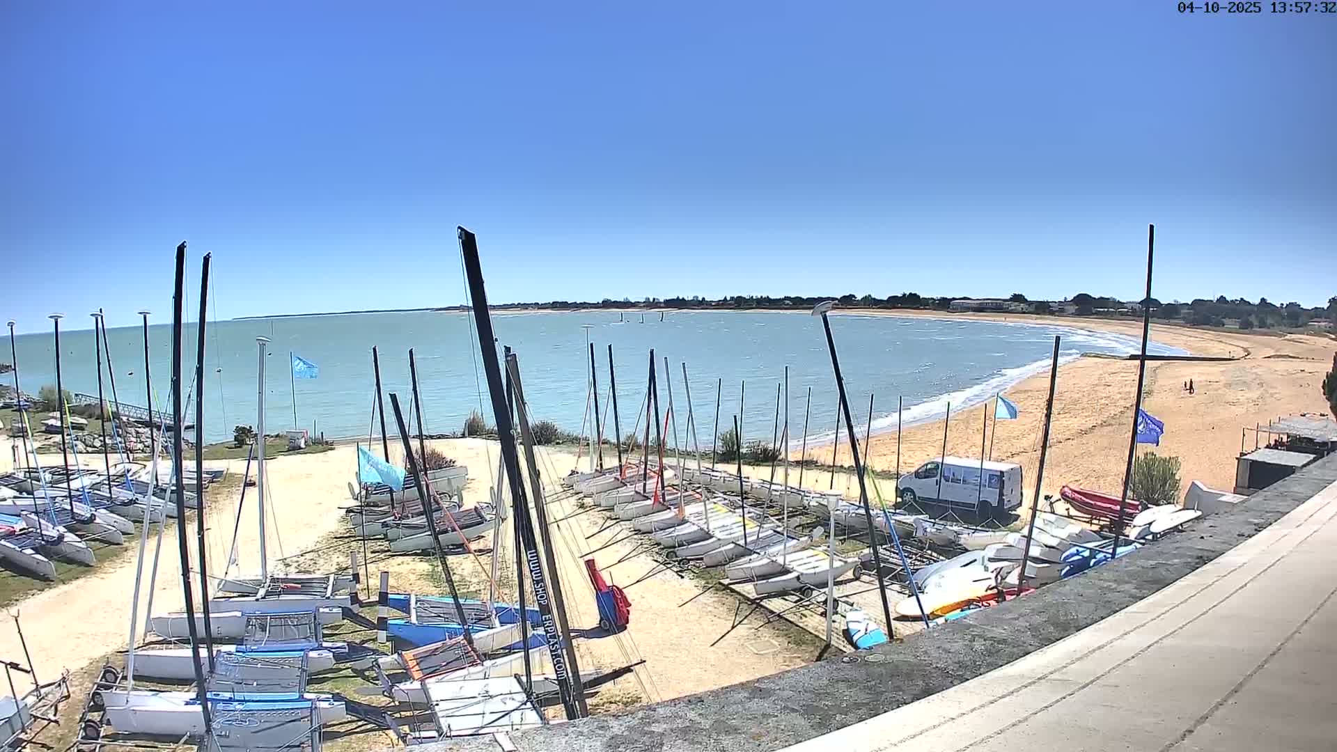 Many sailboats are parked on a sandy area next to a calm body of water under a clear blue sky.