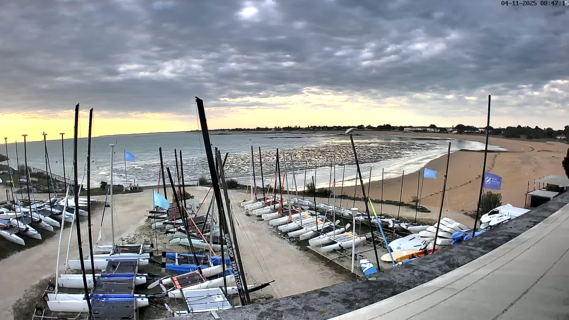 Many sailboats are docked on a sandy beach near calm, shallow water under a cloudy sky.