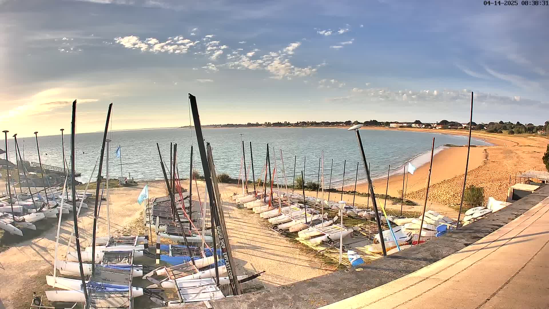 Many sailboats are parked on a sandy shore next to calm, blue water under a mostly sunny sky.