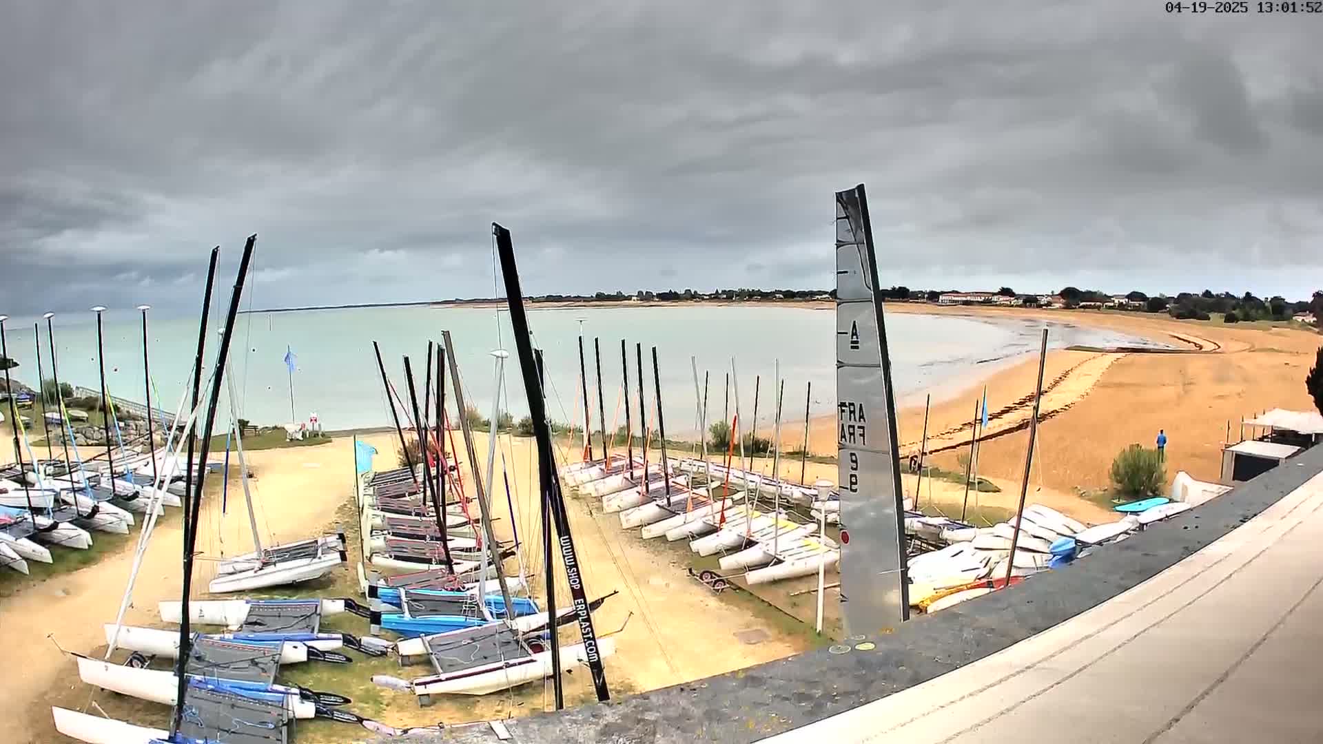 Many sailboats are parked on a sandy shore next to calm, light-green water under an overcast sky.