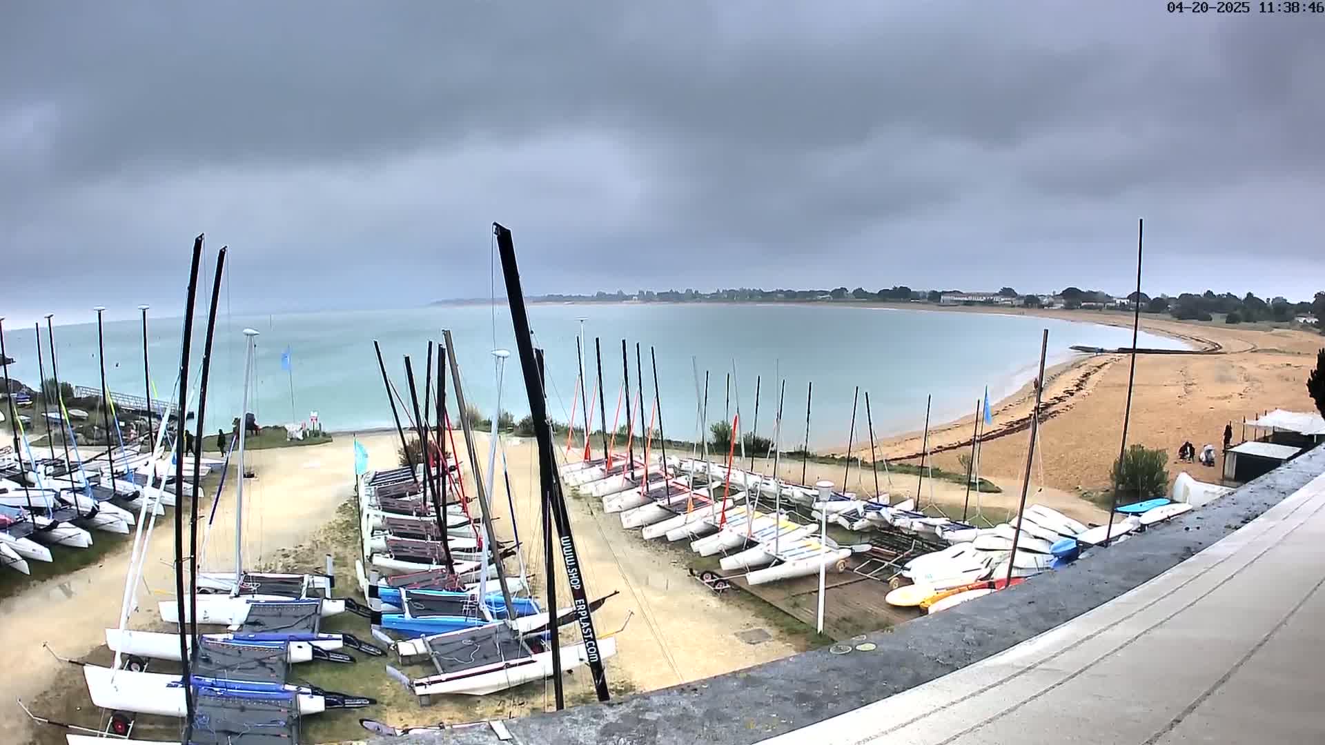 Numerous sailboats are docked on a sandy shore next to a calm body of water under an overcast sky.