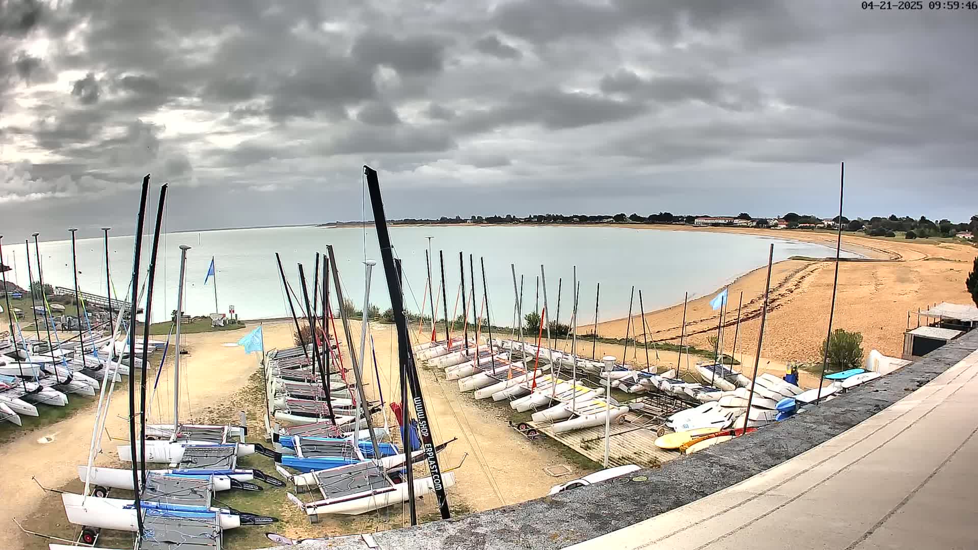 Numerous sailboats are docked on a sandy shore next to a calm body of water under an overcast sky.
