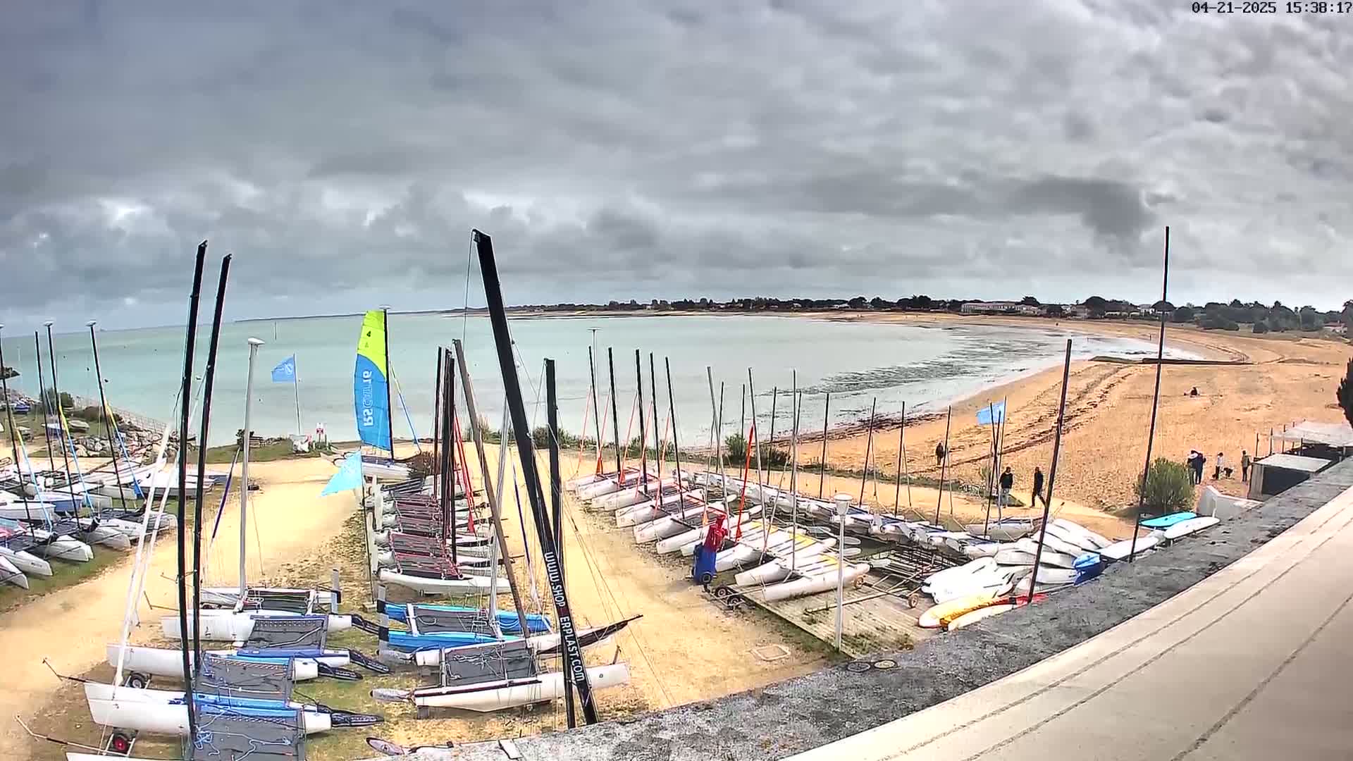 Many sailboats are parked on a sandy beach near calm water under an overcast sky.