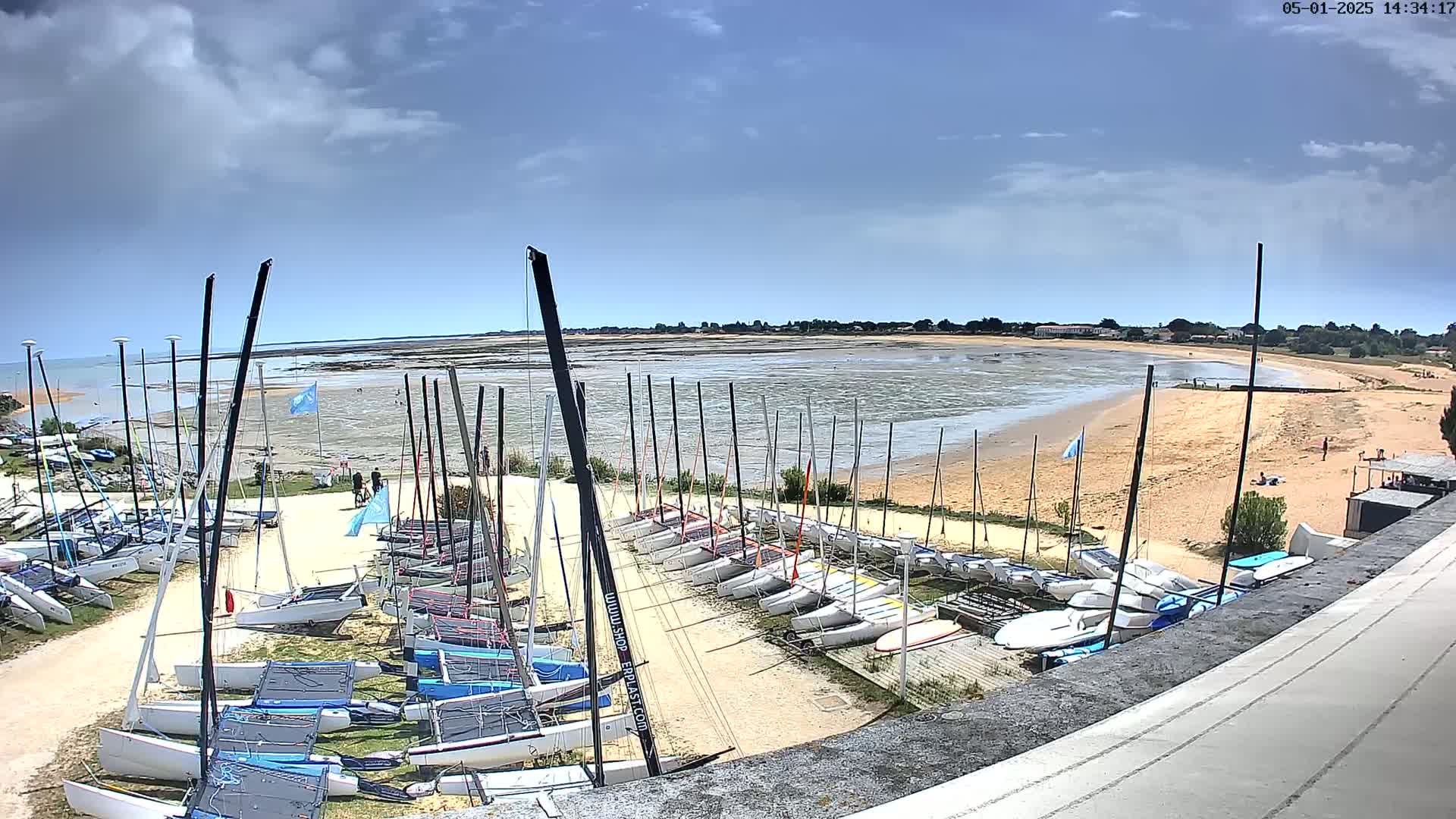 Many sailboats are parked on a sandy beach next to a calm body of water under a partly cloudy sky.