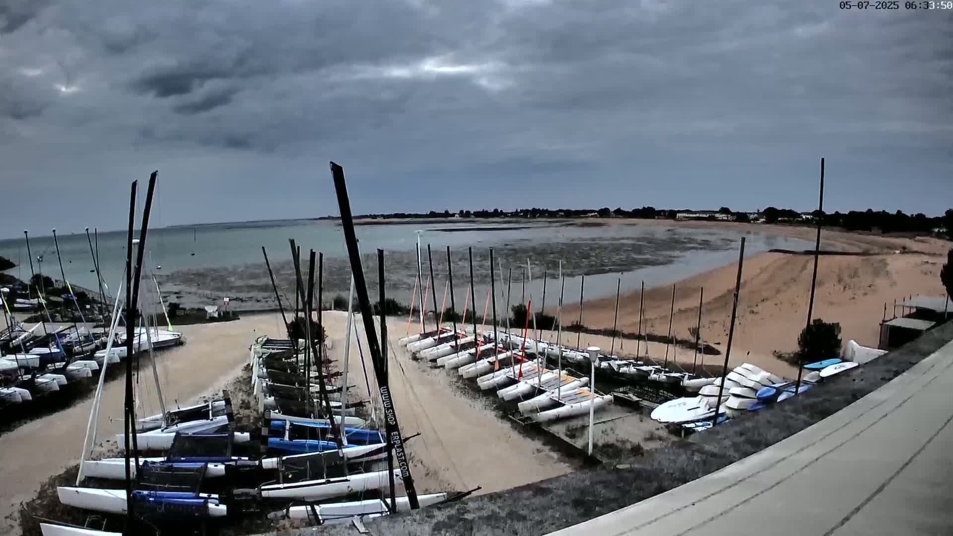 Many sailboats are docked on a sandy shore next to calm, shallow water under an overcast sky.