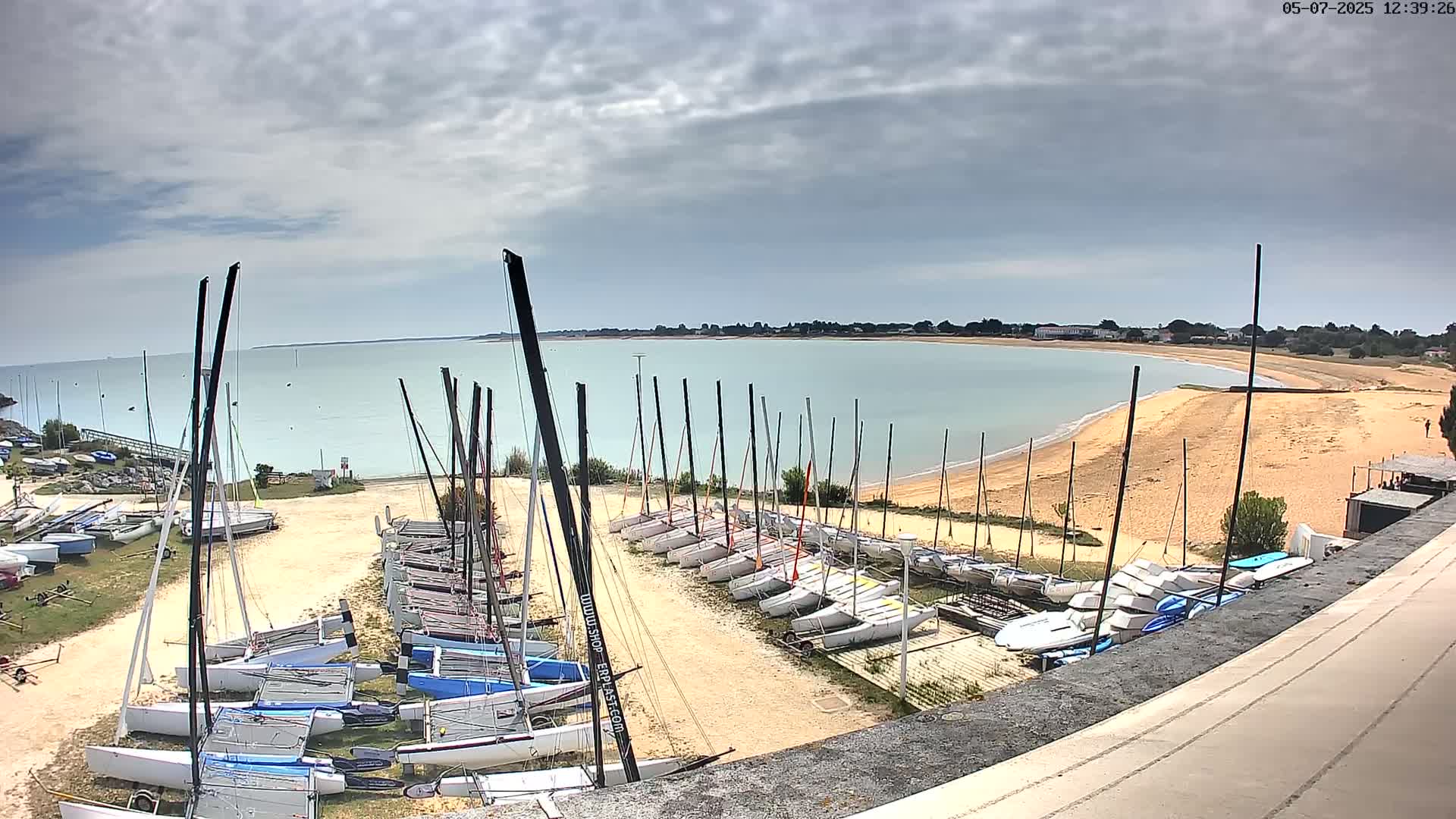 Numerous sailboats are parked on a sandy area next to a calm, light-blue bay under a cloudy sky.