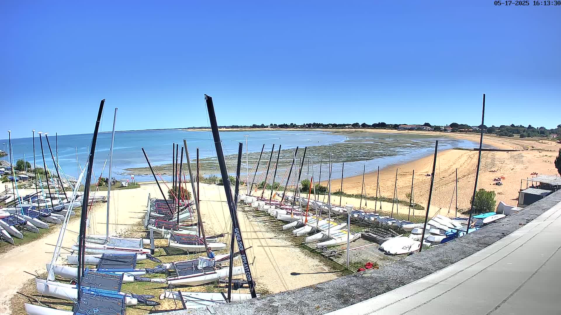 Numerous sailboats are beached on a sandy shore next to calm, shallow blue water under a clear blue sky.