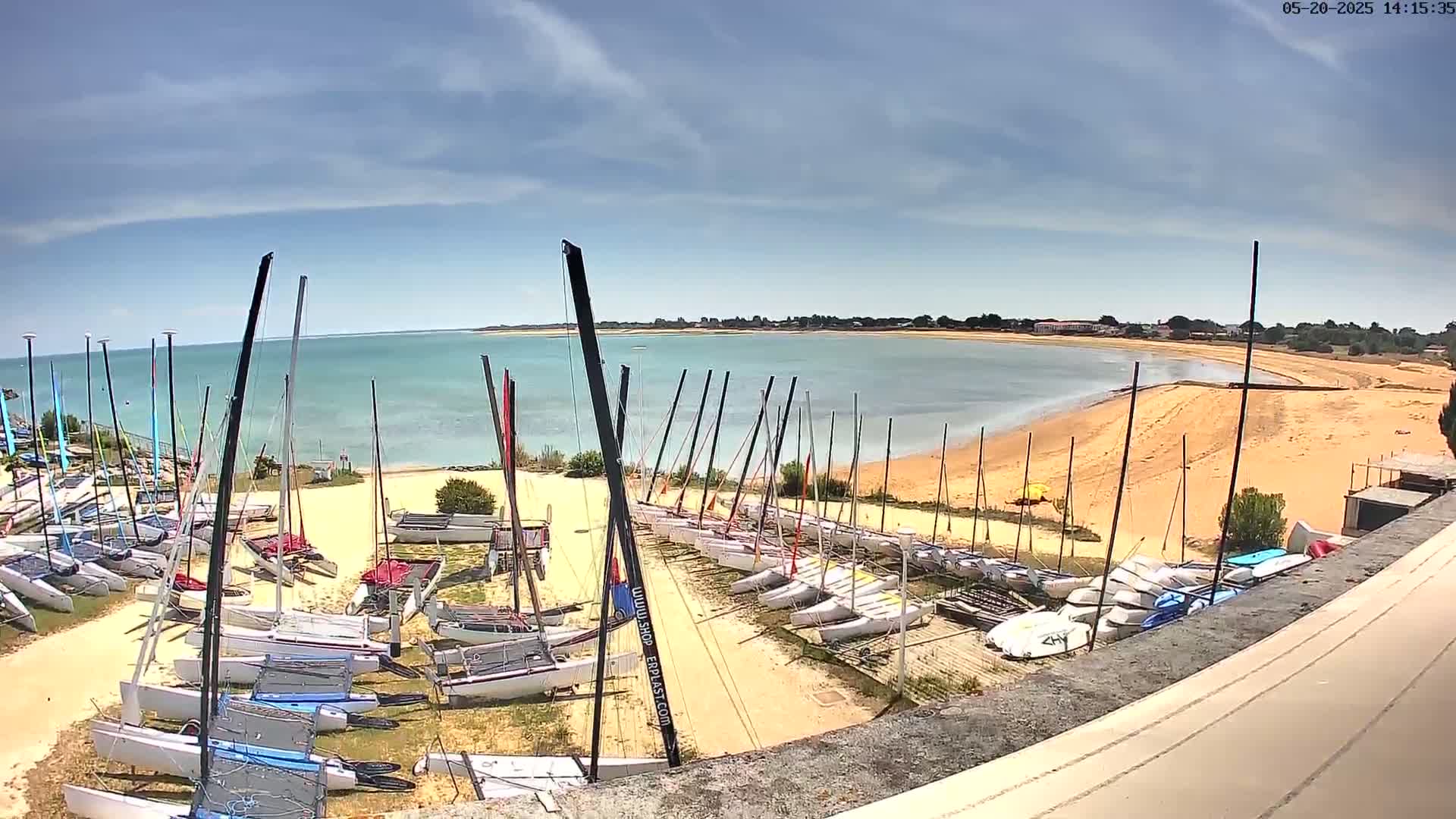 Numerous sailboats are docked on a sandy shore next to a calm body of water under a mostly sunny sky.